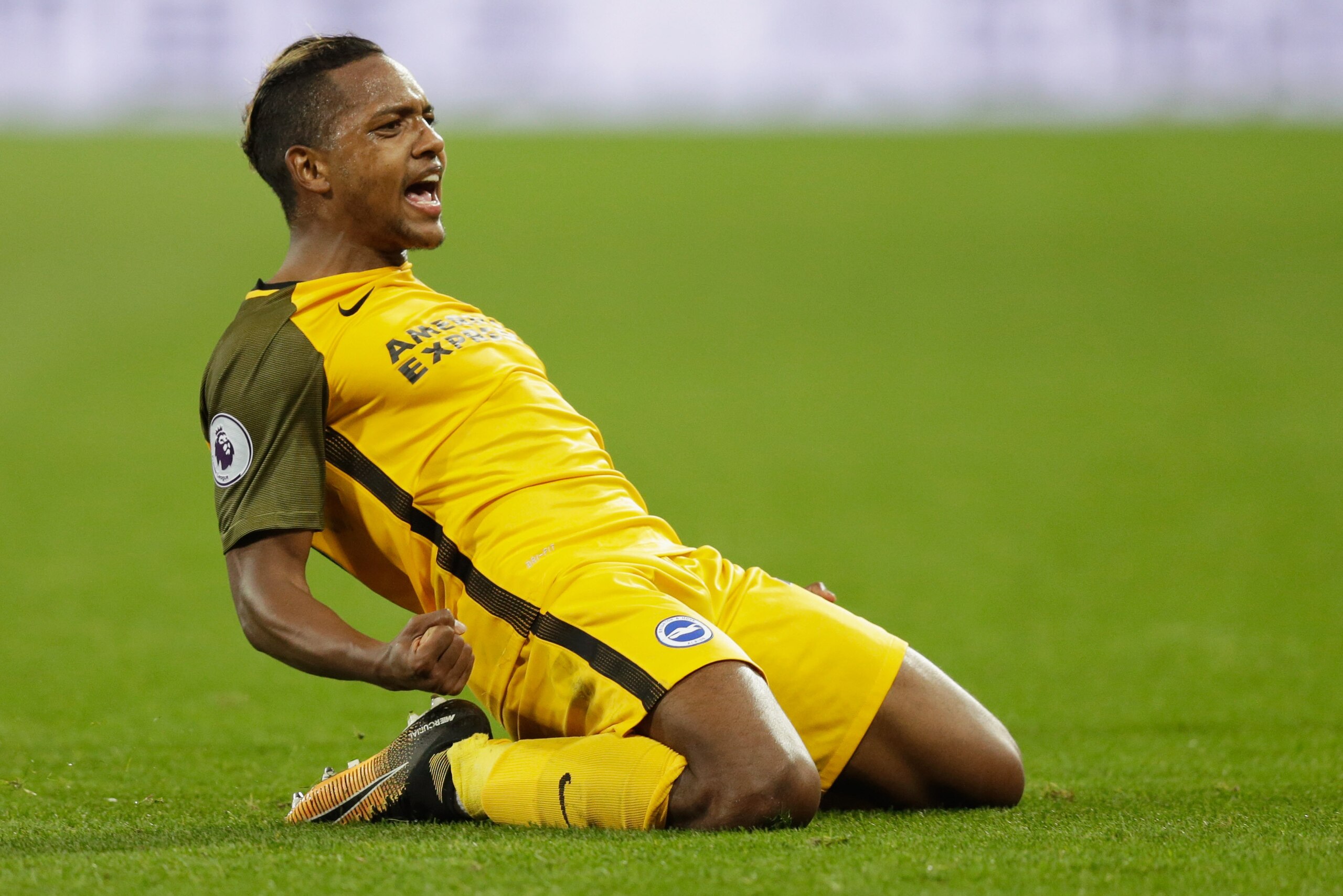 LONDON, ENGLAND - OCTOBER 20:  Jose Izquierdo of Brighton and Hove Albion celebrates as he scores their second goal during the Premier League match between West Ham United and Brighton and Hove Albion at London Stadium on October 20, 2017 in London, Engla