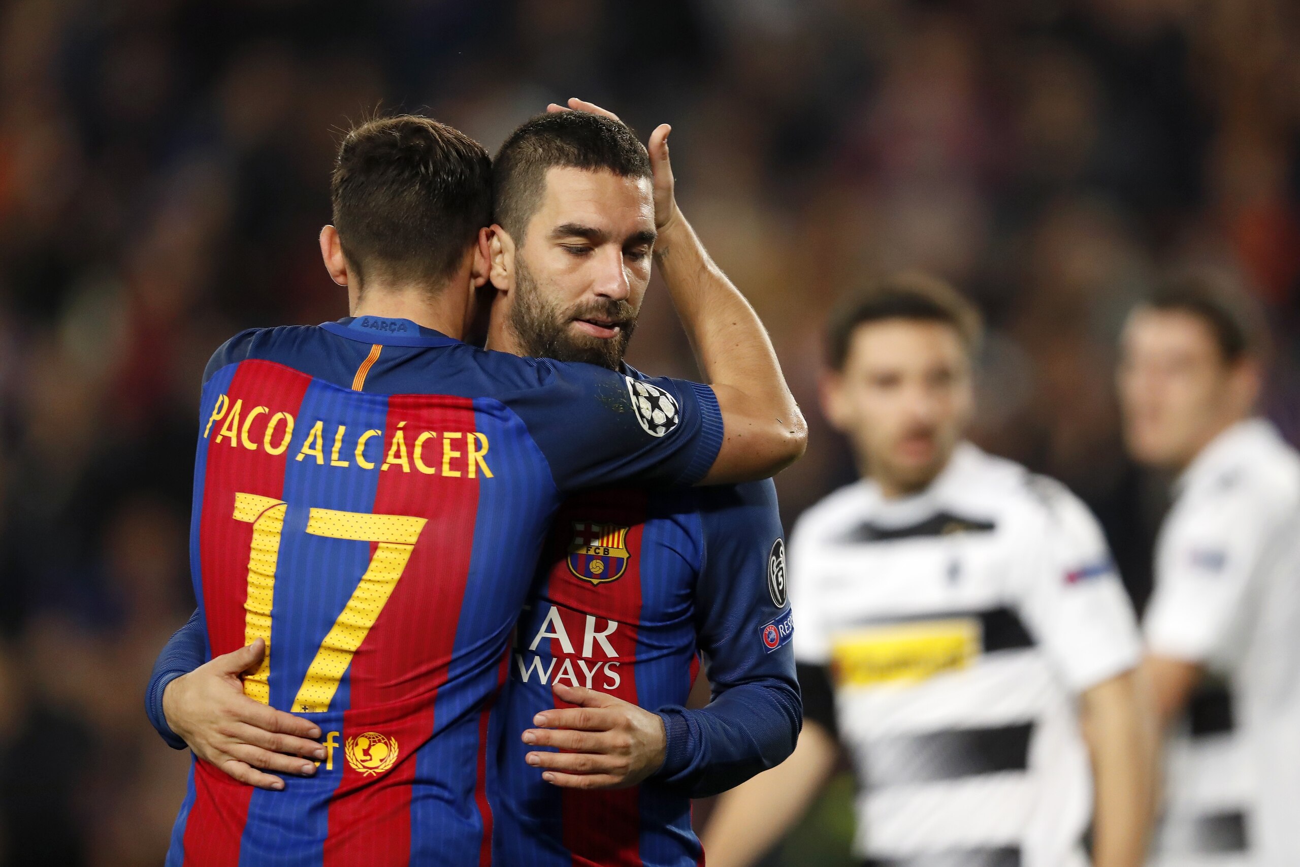 (L-R) Paco Alcacer of FC Barcelona, Arda Turan of FC Barcelonaduring the UEFA Champions League group C match between FC Barcelona and Borussia Monchengladbach on December 06, 2016 at the Camp Nou stadium in Barcelona, Spain.(Photo by VI Images via Getty I
