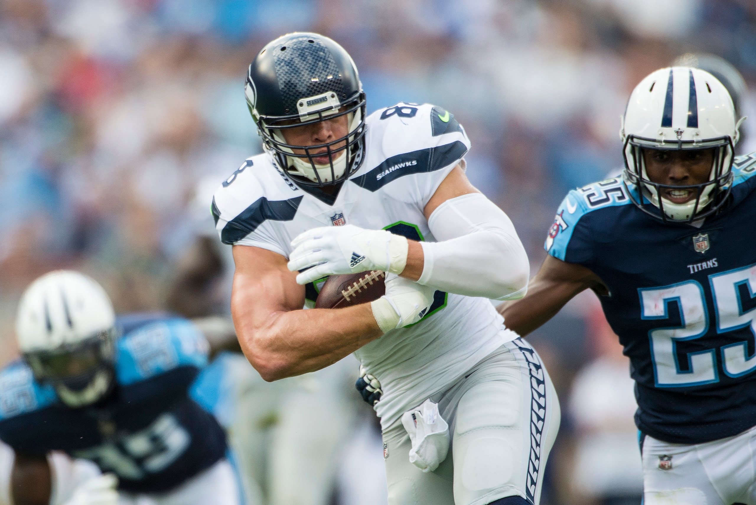 NASHVILLE, TN - SEPTEMBER 24: Tight end Jimmy Graham #88 of the Seattle Seahawks carries the ball during a NFL game against the Tennessee Titans at Nissan Stadium on September 24, 2017 in Nashville, Tennessee. (Photo by Ronald C. Modra/Sports Imagery/Ge NASHVILLE, TN - SEPTEMBER 24: Tight end Jimmy Graham #88 of the Seattle Seahawks carries the ball during a NFL game against the Tennessee Titans at Nissan Stadium on September 24, 2017 in Nashville, Tennessee. (Photo by Ronald C. Modra/Sports Imagery/Ge