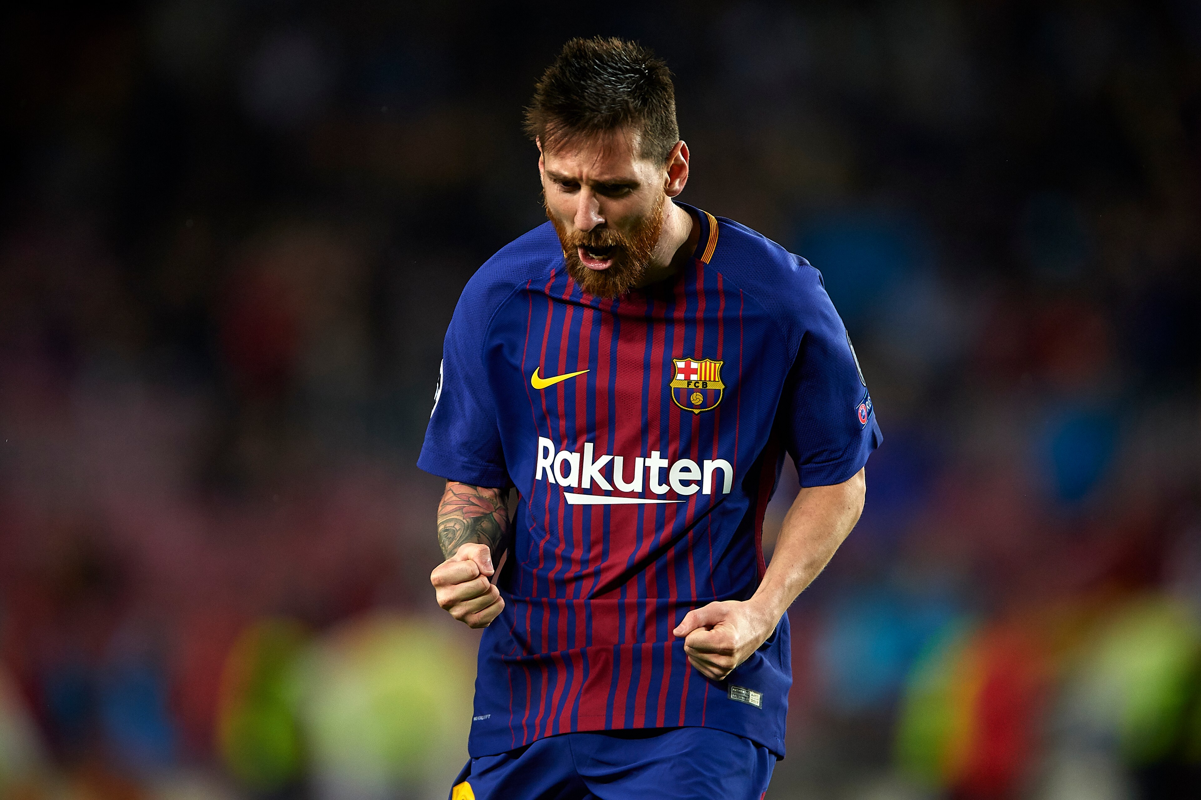 BARCELONA, SPAIN - OCTOBER 18:  Lionel Messi of Barcelona celebrates scoring his team's second goal during the UEFA Champions League group D match between FC Barcelona and Olympiakos Piraeus at Camp Nou on October 18, 2017 in Barcelona, Spain.  (Photo by 