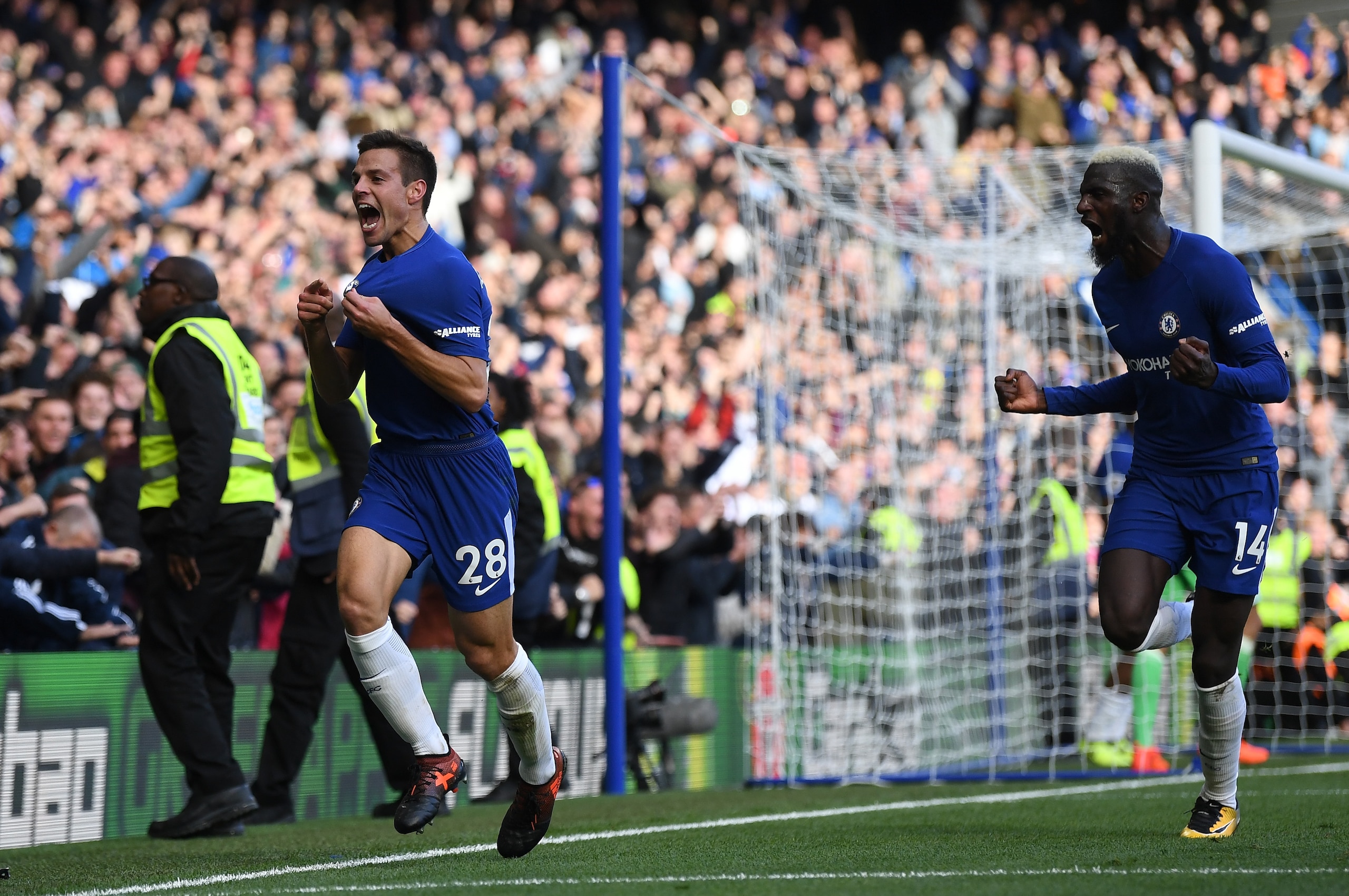 LONDON, ENGLAND - OCTOBER 21:  Cesar Azpilicueta of Chelsea celebrates scoring the 3rd Chelsea goal with Tiemoue Bakayoko of Chelsea during the Premier League match between Chelsea and Watford at Stamford Bridge on October 21, 2017 in London, England.  (P