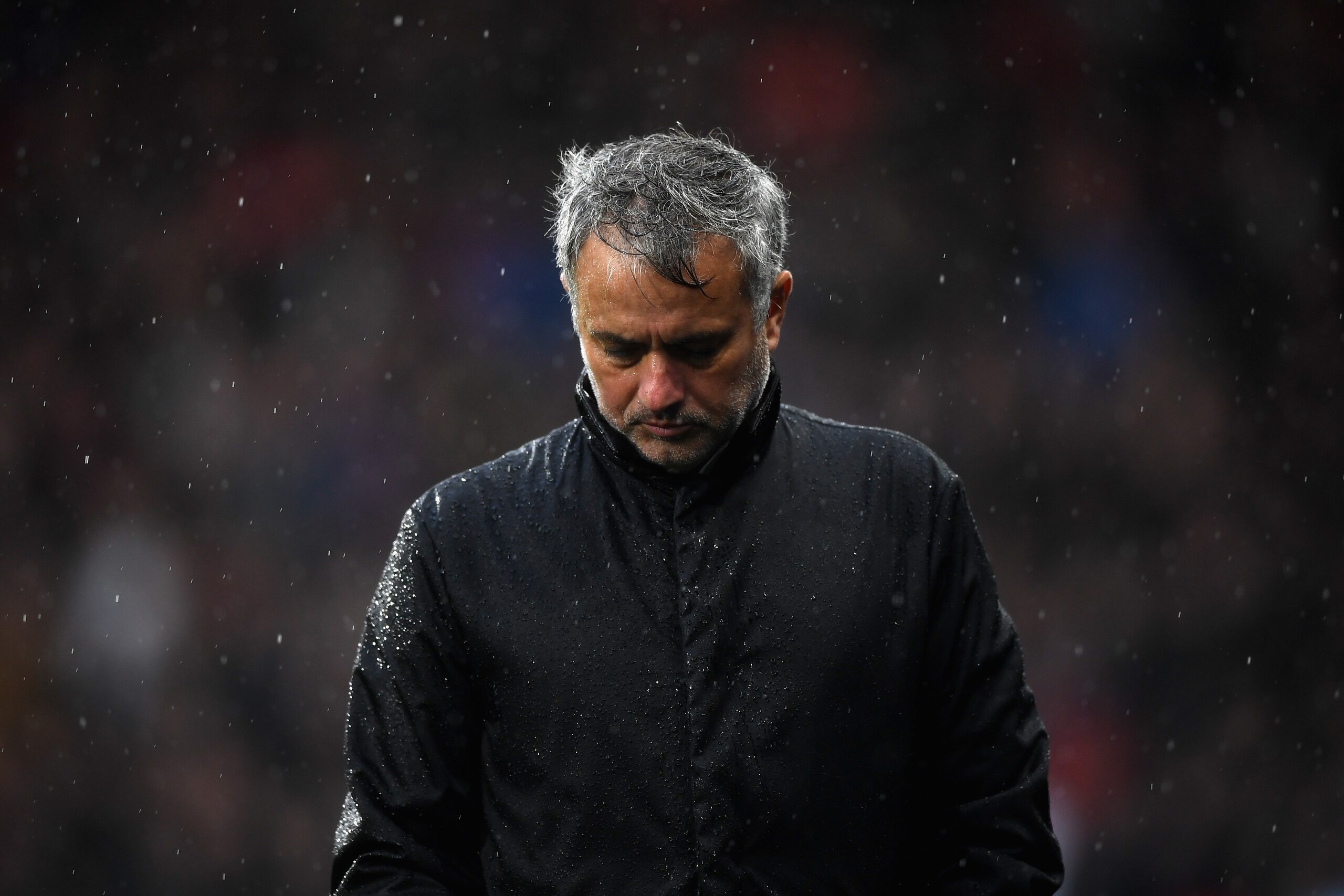 HUDDERSFIELD, ENGLAND - OCTOBER 21: Jose Mourinho, Manager of Manchester United looks dejected during the Premier League match between Huddersfield Town and Manchester United at John Smith's Stadium on October 21, 2017 in Huddersfield, England.  (Photo by