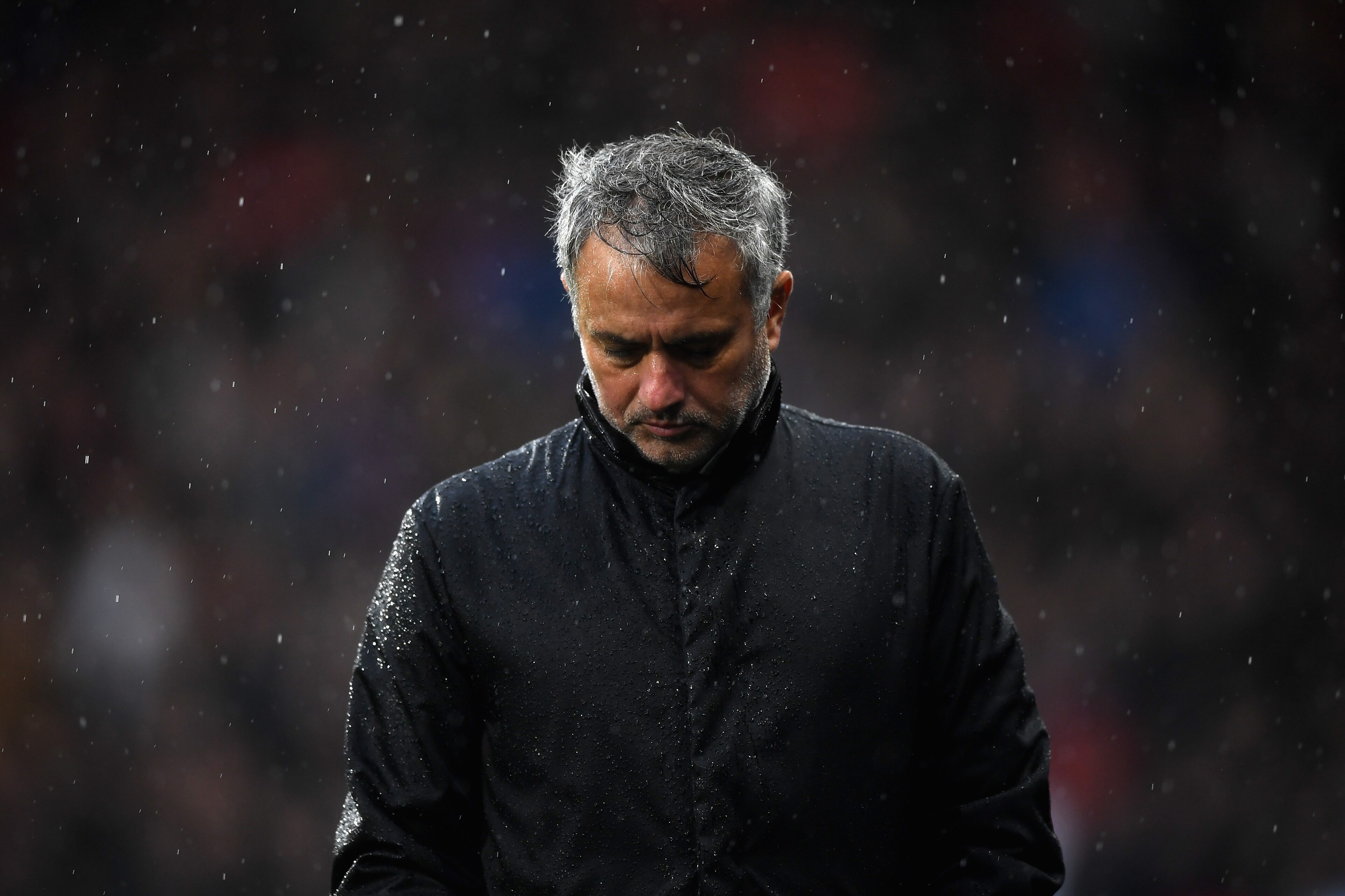 HUDDERSFIELD, ENGLAND - OCTOBER 21: Jose Mourinho, Manager of Manchester United looks dejected during the Premier League match between Huddersfield Town and Manchester United at John Smith's Stadium on October 21, 2017 in Huddersfield, England.  (Photo by