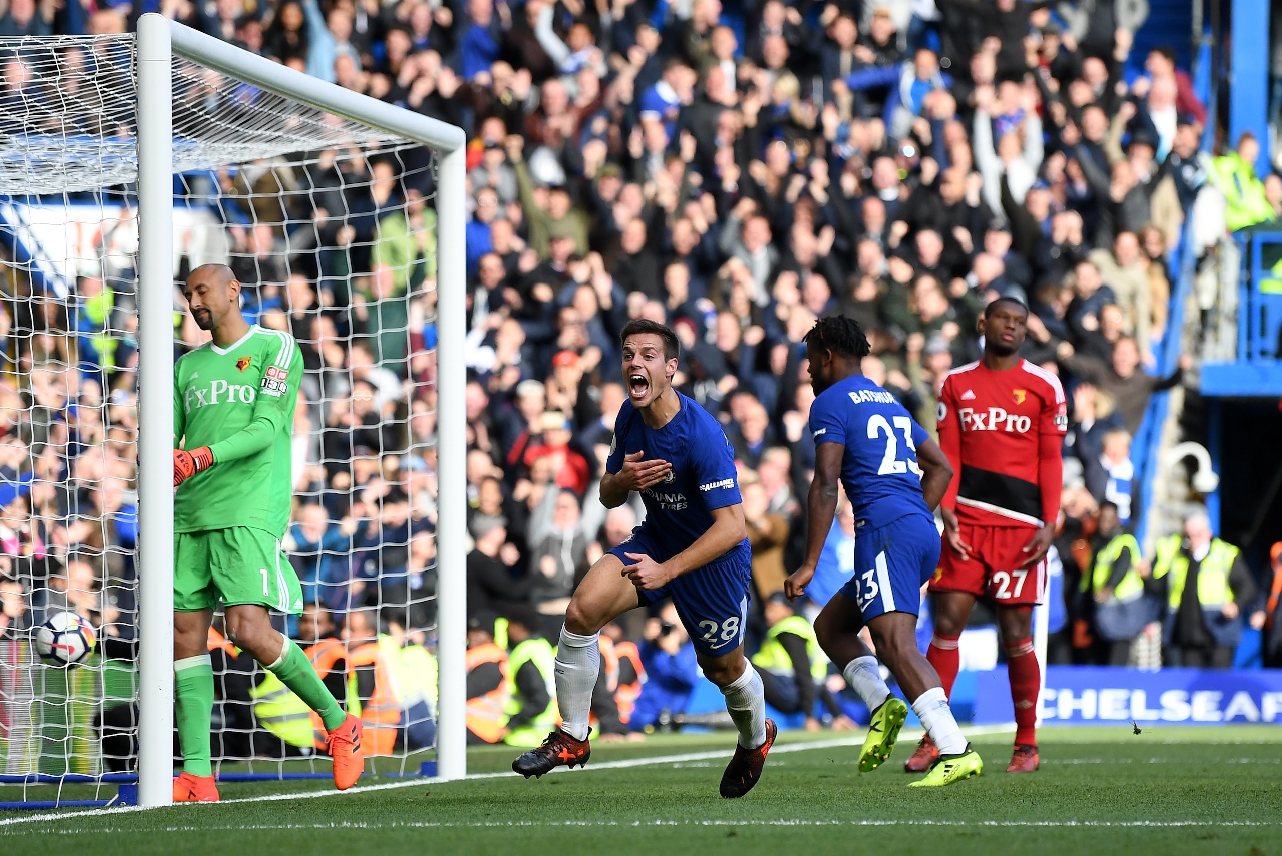 LONDON, ENGLAND - OCTOBER 21:  Cesar Azpilicueta of Chelsea celebrates scoring the 3rd Chelsea goal during the Premier League match between Chelsea and Watford at Stamford Bridge on October 21, 2017 in London, England.  (Photo by David Ramos/Getty Images)
