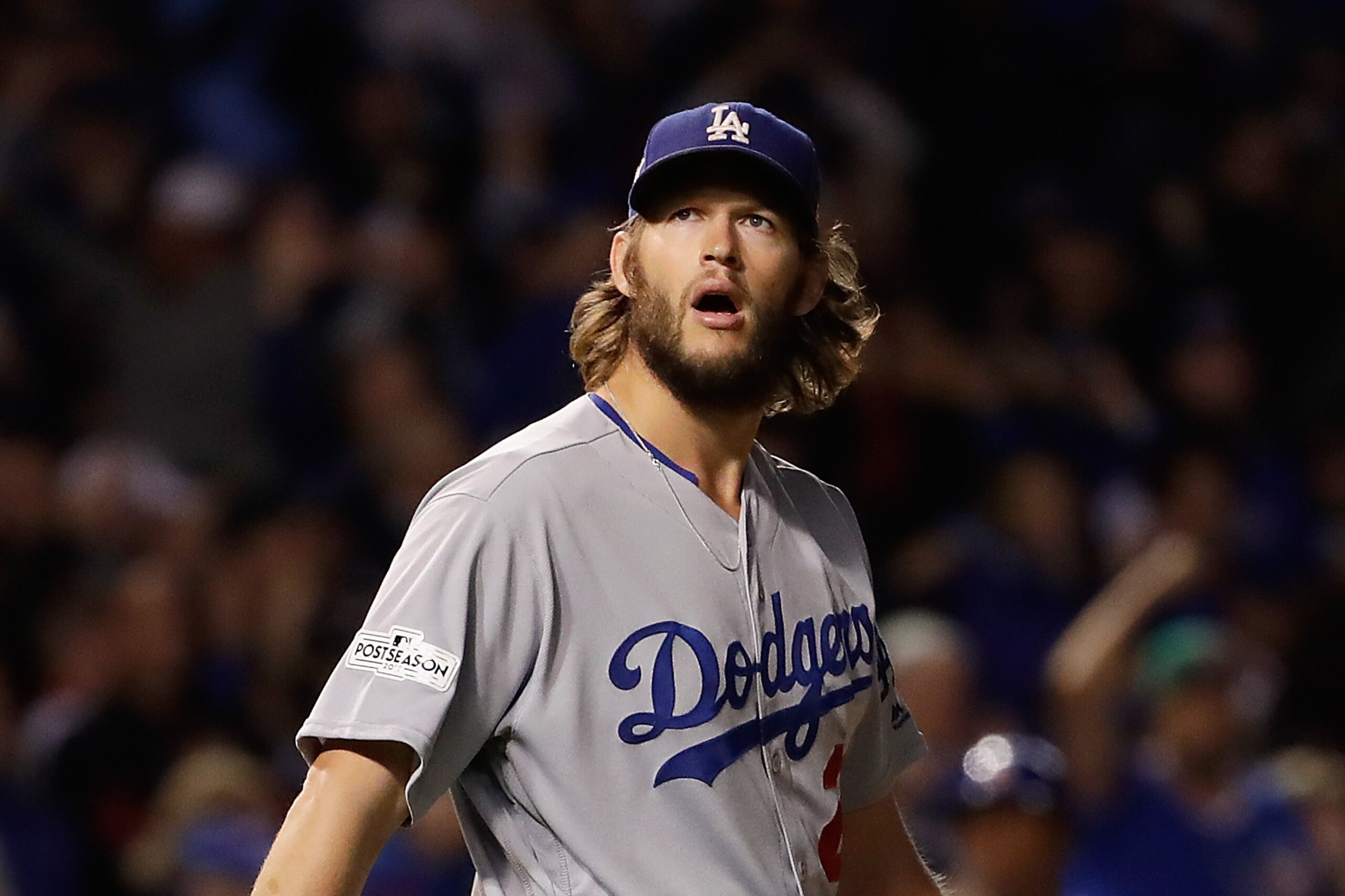 CHICAGO, IL - OCTOBER 19: Clayton Kershaw #22 of the Los Angeles Dodgers stands on the field during game five of the National League Championship Series against the Chicago Cubs at Wrigley Field on October 19, 2017 in Chicago, Illinois. (Photo by Jamie CHICAGO, IL - OCTOBER 19: Clayton Kershaw #22 of the Los Angeles Dodgers stands on the field during game five of the National League Championship Series against the Chicago Cubs at Wrigley Field on October 19, 2017 in Chicago, Illinois. (Photo by Jamie