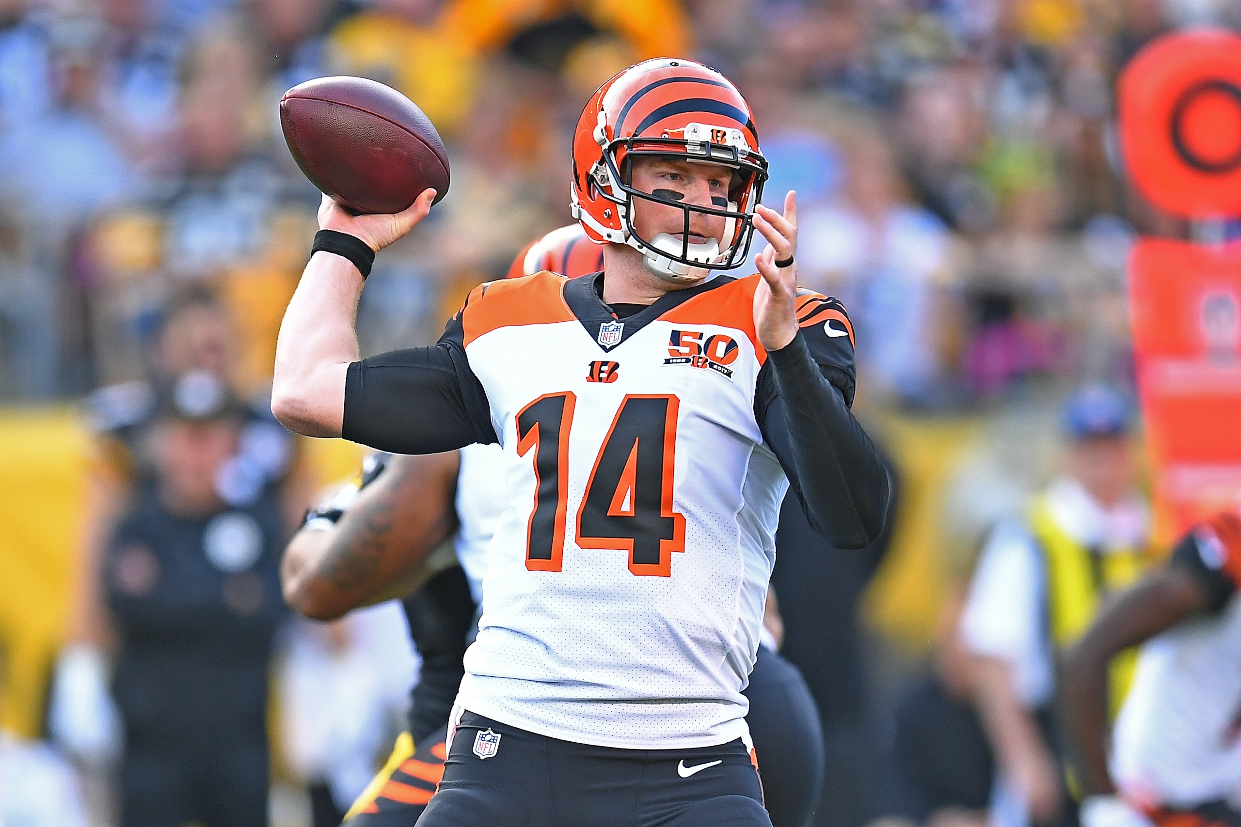 PITTSBURGH, PA - OCTOBER 22: Andy Dalton #14 of the Cincinnati Bengals passes in the first quarter during the game against the Pittsburgh Steelers at Heinz Field on October 22, 2017 in Pittsburgh, Pennsylvania. (Photo by Joe Sargent/Getty Images)