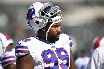 OAKLAND, CA - DECEMBER 04:  Marcell Dareus #99 of the Buffalo Bills looks on during pregame warm ups prior to playing the Oakland Raiders in an NFL football game at the Oakland-Alameda Coliseum on December 4, 2016 in Oakland, California.  (Photo by Thearo