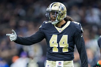NEW ORLEANS, LA - AUGUST 31:  Hau'oli Kikaha #44 of the New Orleans Saints on the field during a preseason game against the Baltimore Ravens at Mercedes-Benz Superdome on August 31, 2017 in New Orleans, Louisiana. The Ravens defeated the Saints 14-13.  (P