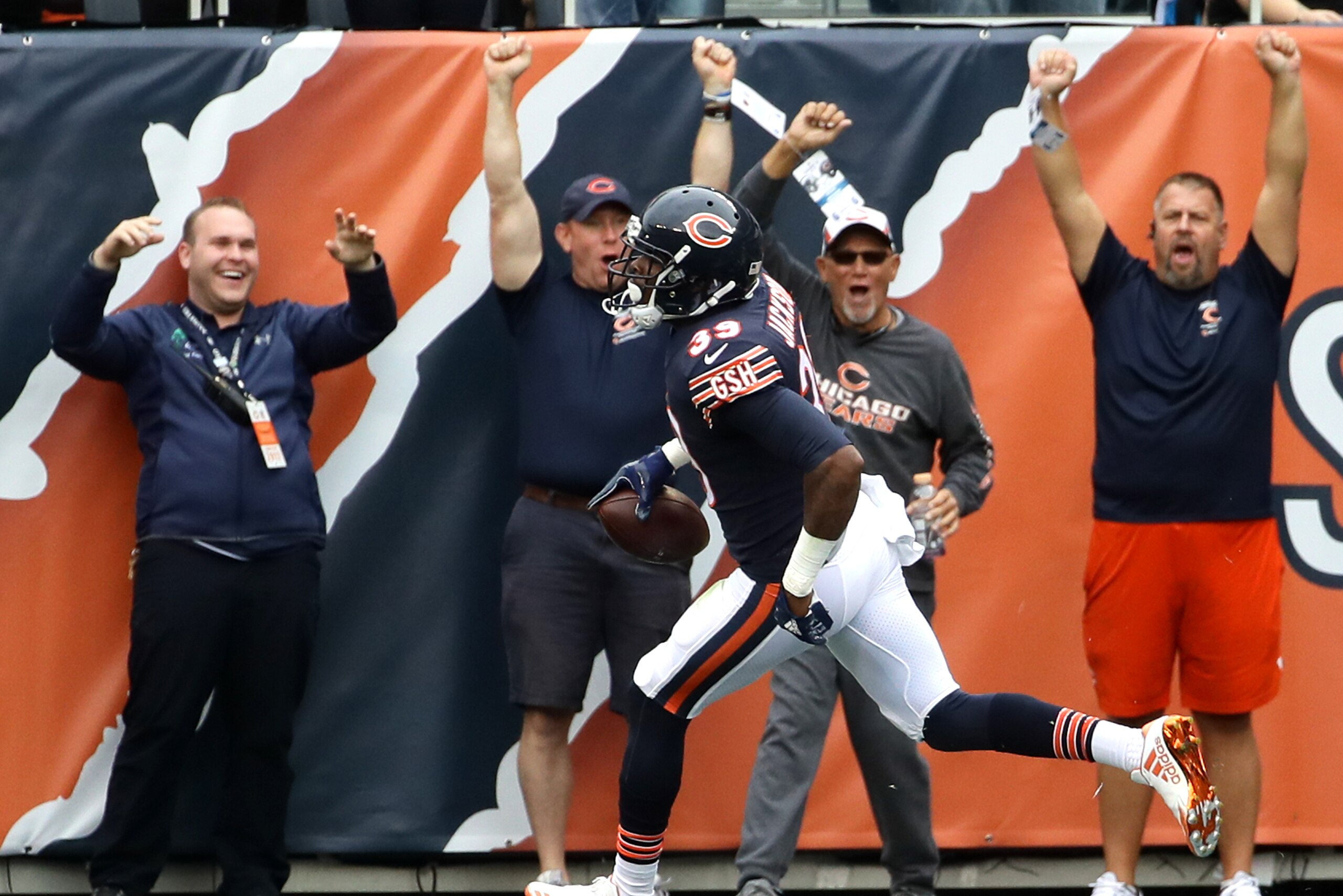 CHICAGO, IL - OCTOBER 22:   Eddie Jackson #39 of the Chicago Bears scores a touchdown on an interception against the Carolina Panthers in the second quarter at Soldier Field on October 22, 2017 in Chicago, Illinois.  (Photo by Jonathan Daniel/Getty Images
