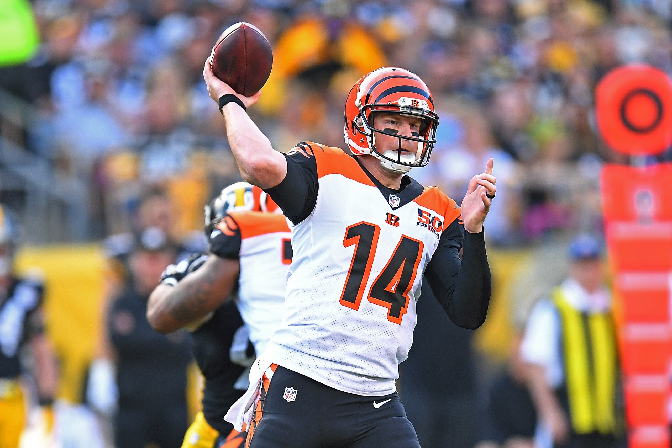 PITTSBURGH, PA - OCTOBER 22: Quarterback Andy Dalton #14 of the Cincinnati Bengals passes in the first quarter during the game against the Pittsburgh Steelers at Heinz Field on October 22, 2017 in Pittsburgh, Pennsylvania. (Photo by Joe Sargent/Getty Ima PITTSBURGH, PA - OCTOBER 22: Quarterback Andy Dalton #14 of the Cincinnati Bengals passes in the first quarter during the game against the Pittsburgh Steelers at Heinz Field on October 22, 2017 in Pittsburgh, Pennsylvania. (Photo by Joe Sargent/Getty Ima
