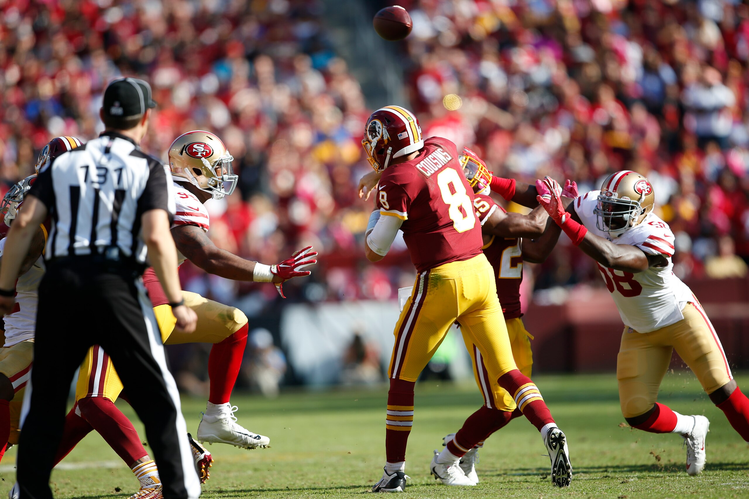 LANDOVER, MD - OCTOBER 15: Kirk Cousins #8 of the Washington Redskins passes during the game against the San Francisco 49ers at FedEx Field on October 15, 2017 in Landover, Maryland. The Redskins defeated the 49ers 26-24. (Photo by Michael Zagaris/San Fra LANDOVER, MD - OCTOBER 15: Kirk Cousins #8 of the Washington Redskins passes during the game against the San Francisco 49ers at FedEx Field on October 15, 2017 in Landover, Maryland. The Redskins defeated the 49ers 26-24. (Photo by Michael Zagaris/San Fra
