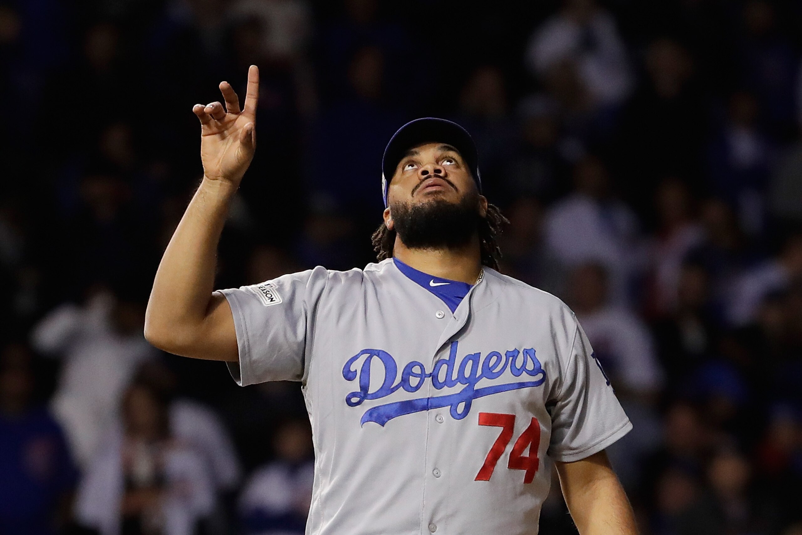 CHICAGO, IL - OCTOBER 17: Kenley Jansen #74 of the Los Angeles Dodgers reacts after defeating the Chicago Cubs 6-1 in game three of the National League Championship Series at Wrigley Field on October 17, 2017 in Chicago, Illinois. (Photo by Jamie Squire CHICAGO, IL - OCTOBER 17: Kenley Jansen #74 of the Los Angeles Dodgers reacts after defeating the Chicago Cubs 6-1 in game three of the National League Championship Series at Wrigley Field on October 17, 2017 in Chicago, Illinois. (Photo by Jamie Squire