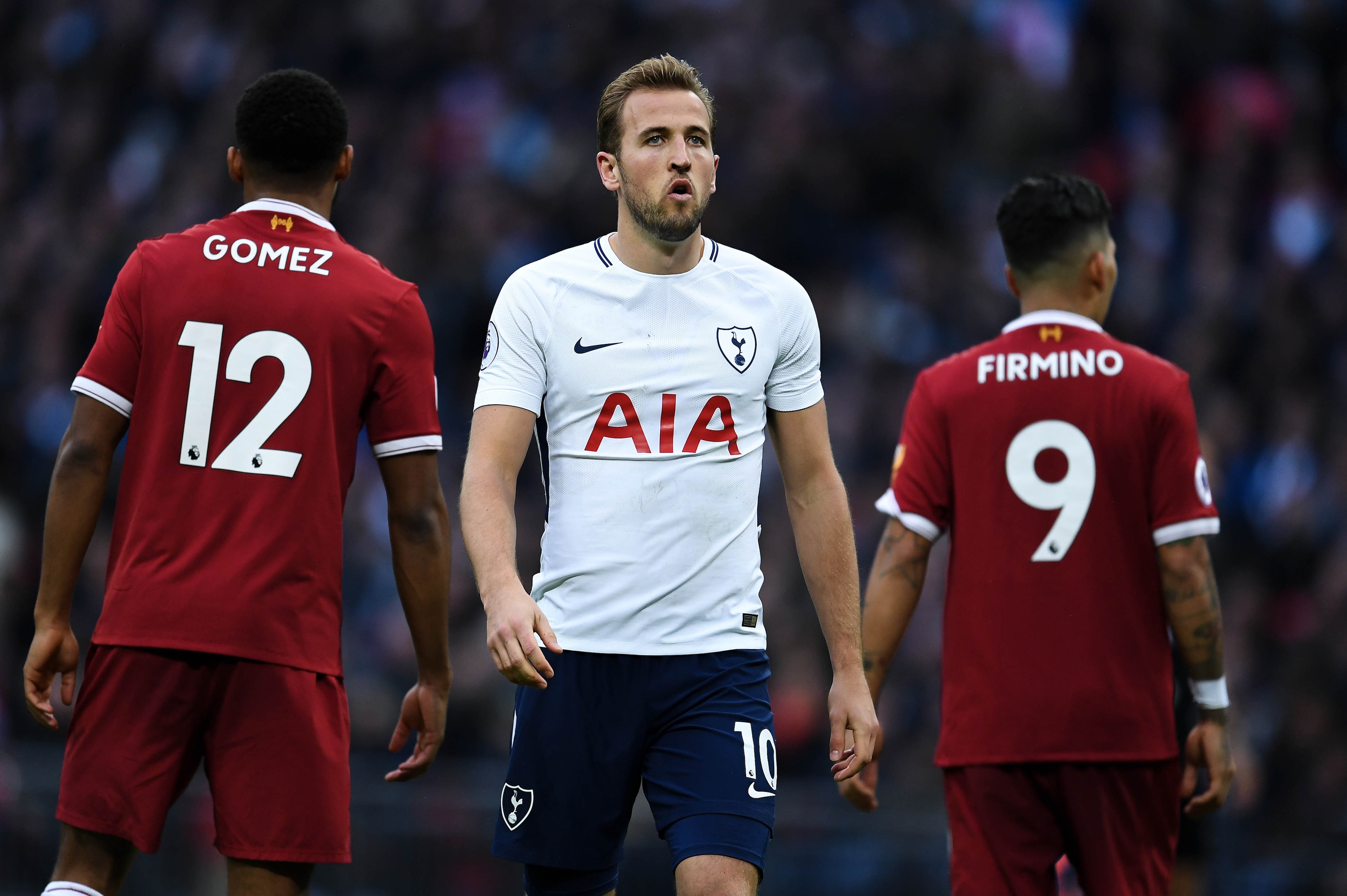 LONDON, ENGLAND - OCTOBER 22:  Harry Kane of Tottenham Hotspur looks on during the Premier League match between Tottenham Hotspur and Liverpool at Wembley Stadium on October 22, 2017 in London, England.  (Photo by David Ramos/Getty Images)