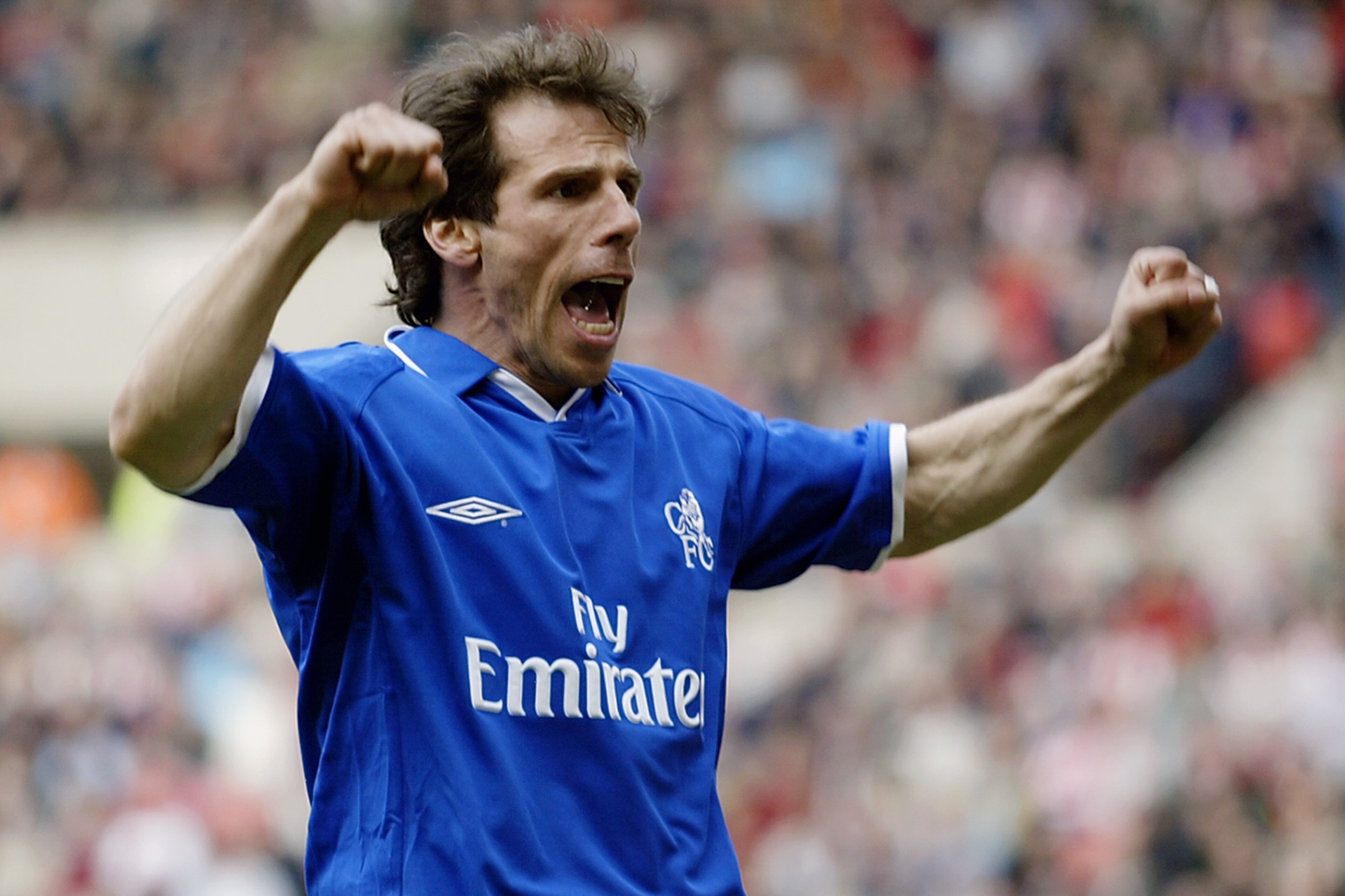 SUNDERLAND -  APRIL 5:  Gianfranco Zola of Chelsea celebrates scoring the equalising goal during the FA Barclaycard Premiership match between Sunderland and Chelsea held on April 5, 2003 at the Stadium of Light, in Sunderland, England. Chelsea won the mat