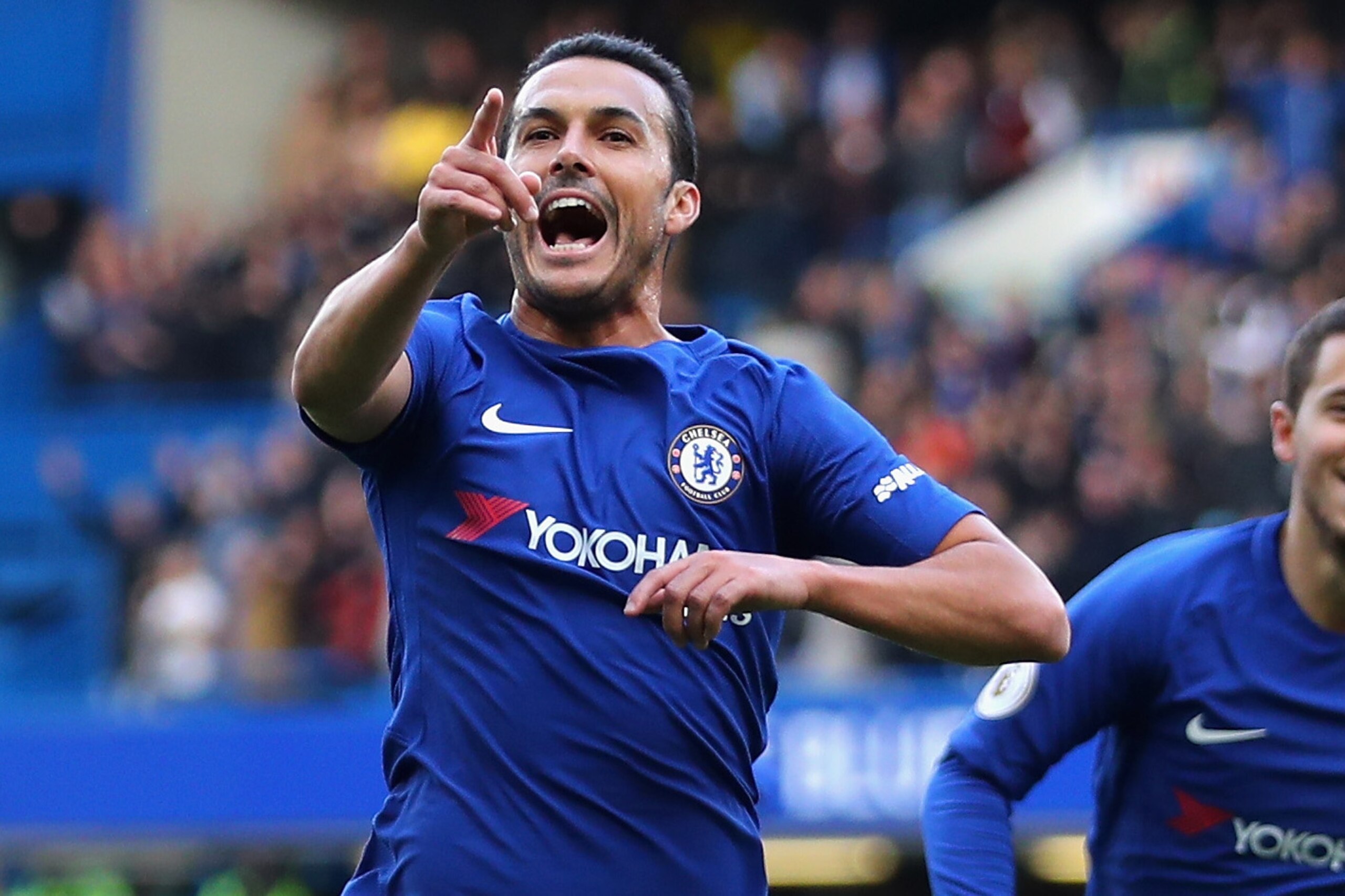 LONDON, ENGLAND - OCTOBER 21: Pedro of Chelsea celebrates as he scores their first goal with Eden Hazard of Chelsea during the Premier League match between Chelsea and Watford at Stamford Bridge on October 21, 2017 in London, England. (Photo by Richard LONDON, ENGLAND - OCTOBER 21: Pedro of Chelsea celebrates as he scores their first goal with Eden Hazard of Chelsea during the Premier League match between Chelsea and Watford at Stamford Bridge on October 21, 2017 in London, England. (Photo by Richard