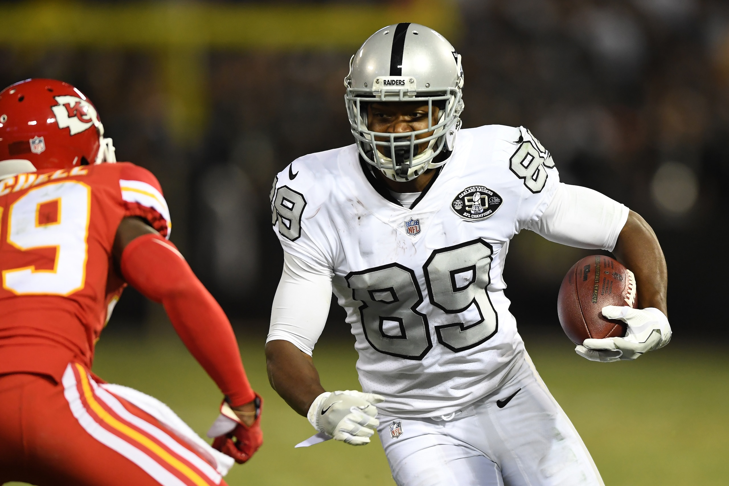OAKLAND, CA - OCTOBER 19:  Amari Cooper #89 of the Oakland Raiders runs after a catch against the Kansas City Chiefs during their NFL game at Oakland-Alameda County Coliseum on October 19, 2017 in Oakland, California.  (Photo by Thearon W. Henderson/Getty