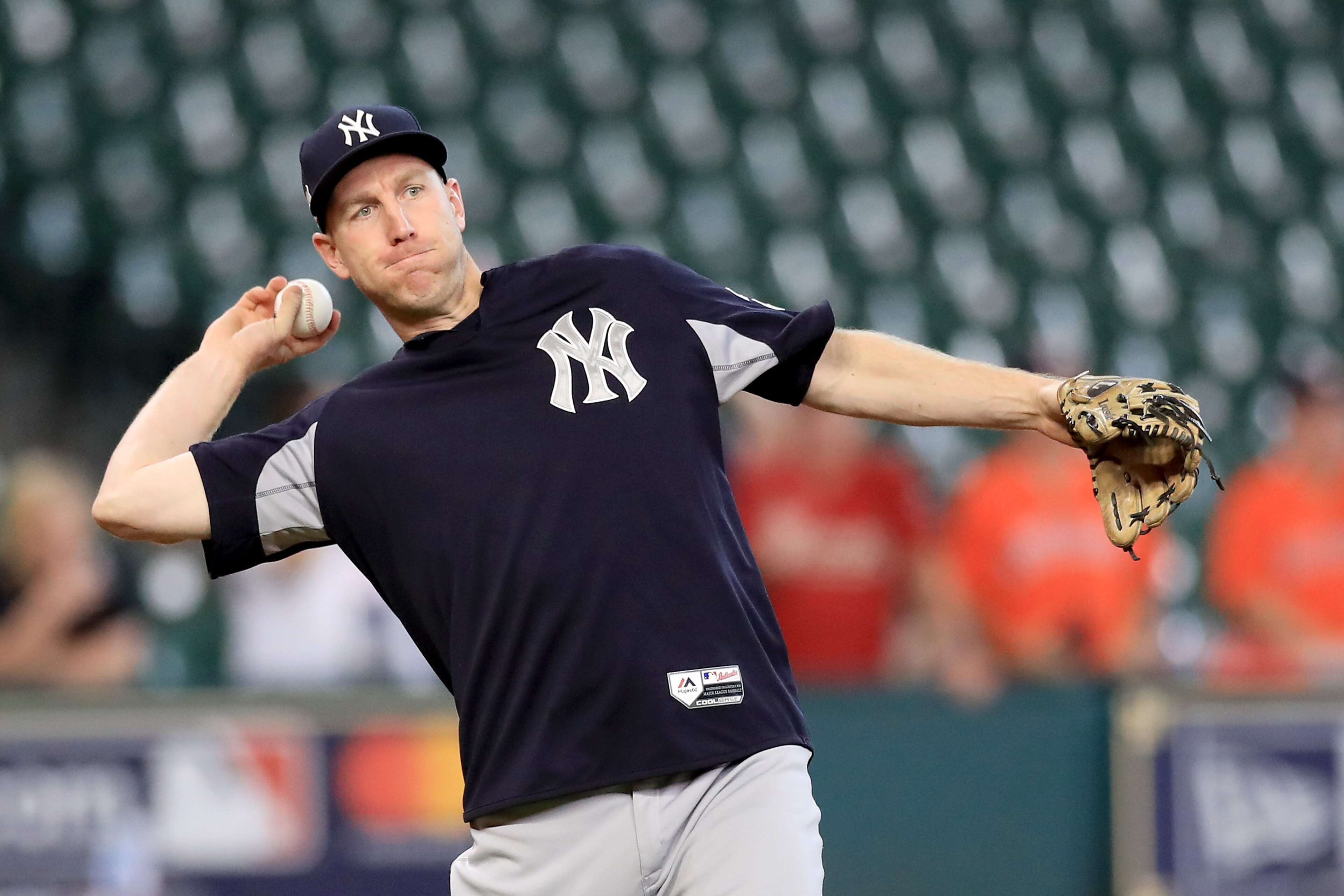 HOUSTON, TX - OCTOBER 21:  Todd Frazier #29 of the New York Yankees warms up during batting practice prior to Game Seven of the American League Championship Series against the Houston Astros at Minute Maid Park on October 21, 2017 in Houston, Texas.  (Pho