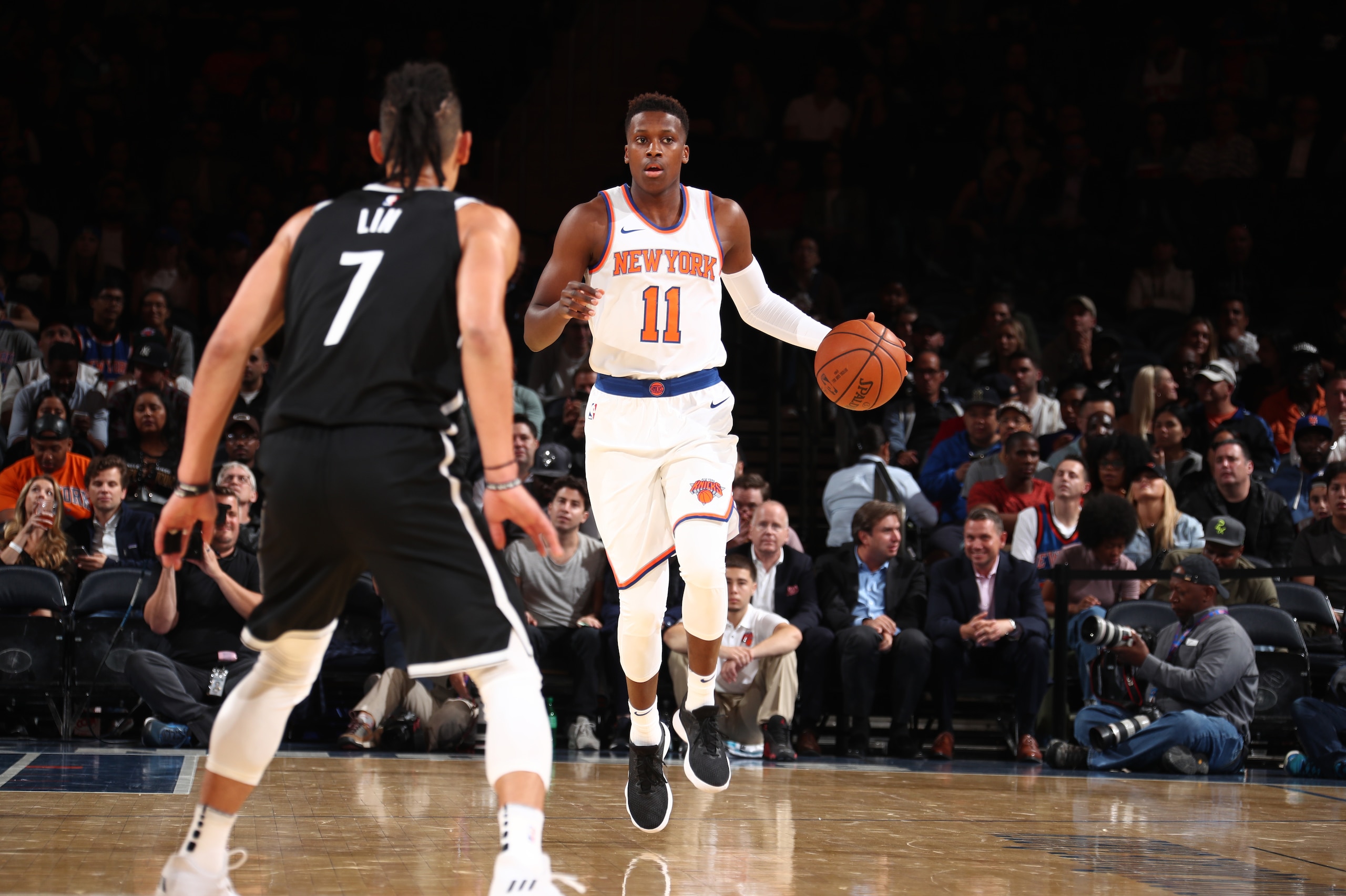 NEW YORK, NY - OCTOBER 3: Frank Ntilikina #11 of the New York Knicks handles the ball against the Brooklyn Nets during the preseason game on October 3, 2017 at Madison Square Garden in New York City, New York. NOTE TO USER: User expressly acknowledges a NEW YORK, NY - OCTOBER 3: Frank Ntilikina #11 of the New York Knicks handles the ball against the Brooklyn Nets during the preseason game on October 3, 2017 at Madison Square Garden in New York City, New York. NOTE TO USER: User expressly acknowledges a