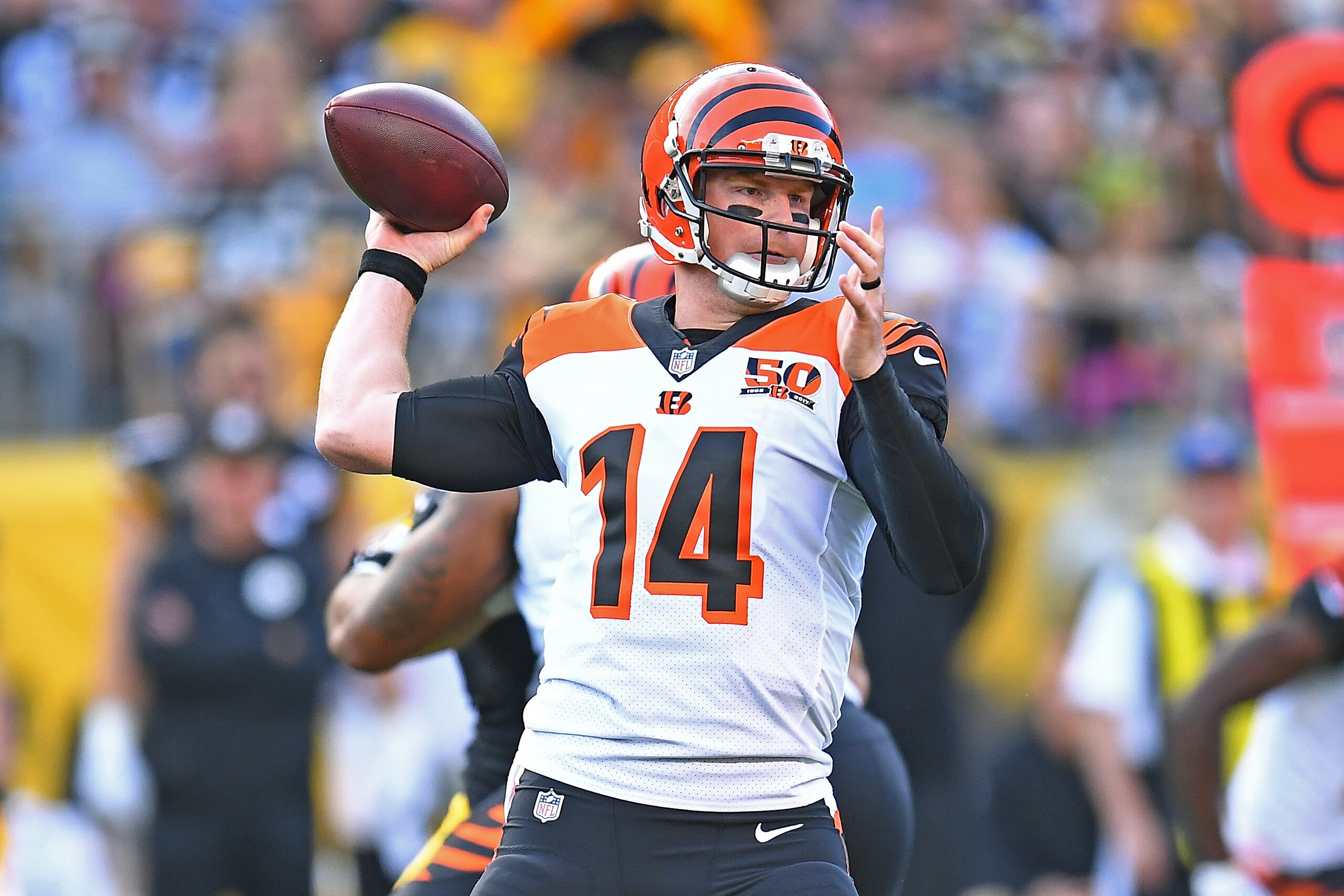 PITTSBURGH, PA - OCTOBER 22: Andy Dalton #14 of the Cincinnati Bengals passes in the first quarter during the game against the Pittsburgh Steelers at Heinz Field on October 22, 2017 in Pittsburgh, Pennsylvania. (Photo by Joe Sargent/Getty Images)