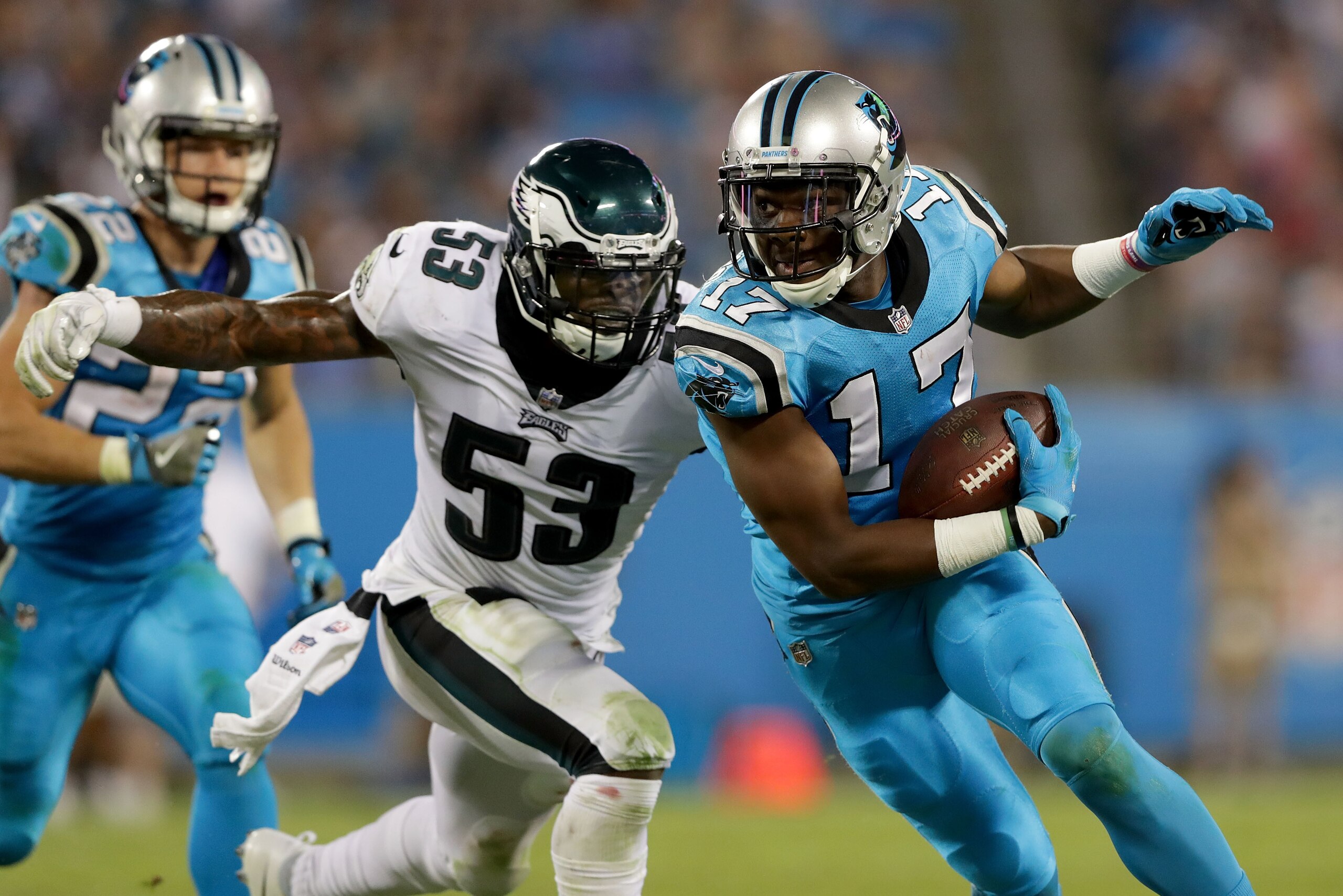 CHARLOTTE, NC - OCTOBER 12:  Devin Funchess #17 of the Carolina Panthers runs the ball against Nigel Bradham #53 of the Philadelphia Eagles in the third quarter during their game at Bank of America Stadium on October 12, 2017 in Charlotte, North Carolina.