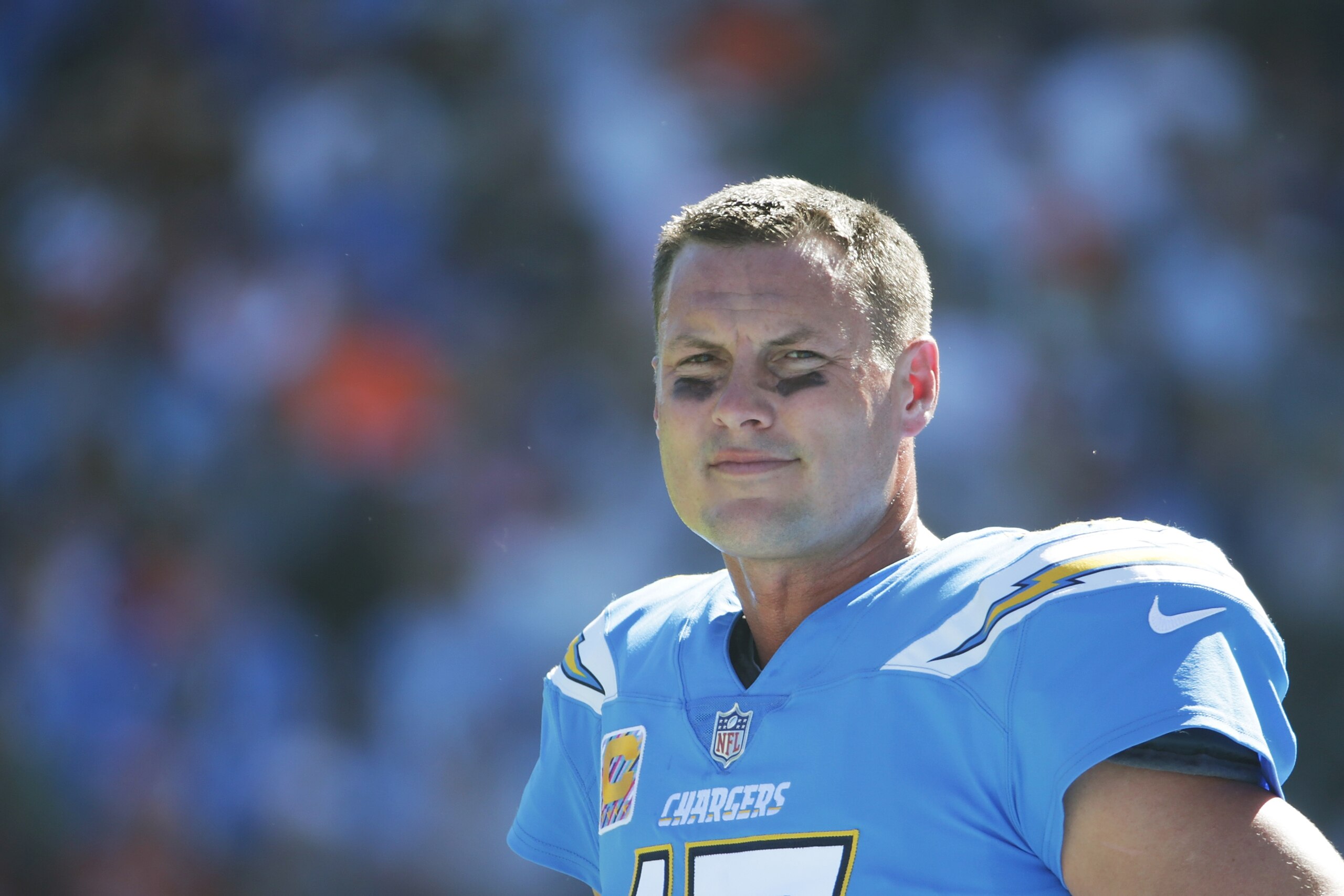 CARSON, CA - OCTOBER 22:  Quarterback Philip Rivers #17 of the Los Angeles Chargers looks on during the game against the Denver Broncos at the StubHub Center on October 22, 2017 in Carson, California.  (Photo by Jeff Gross/Getty Images)