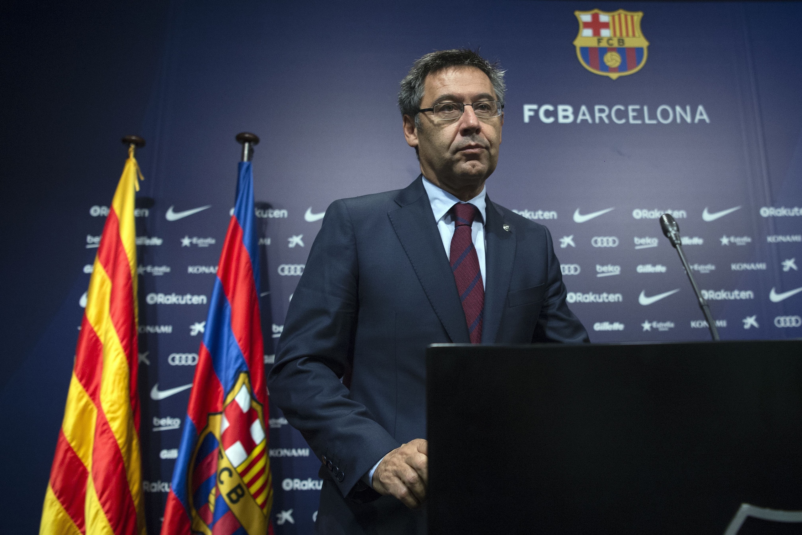 FC Barcelona's president Josep Maria Bartomeu arrives to give a press conference at the Camp Nou stadium in Barcelona on October 2, 2017.
Barcelona president Josep Maria Bartomeu confirmed today two of the club's board members resigned in the wake of his 