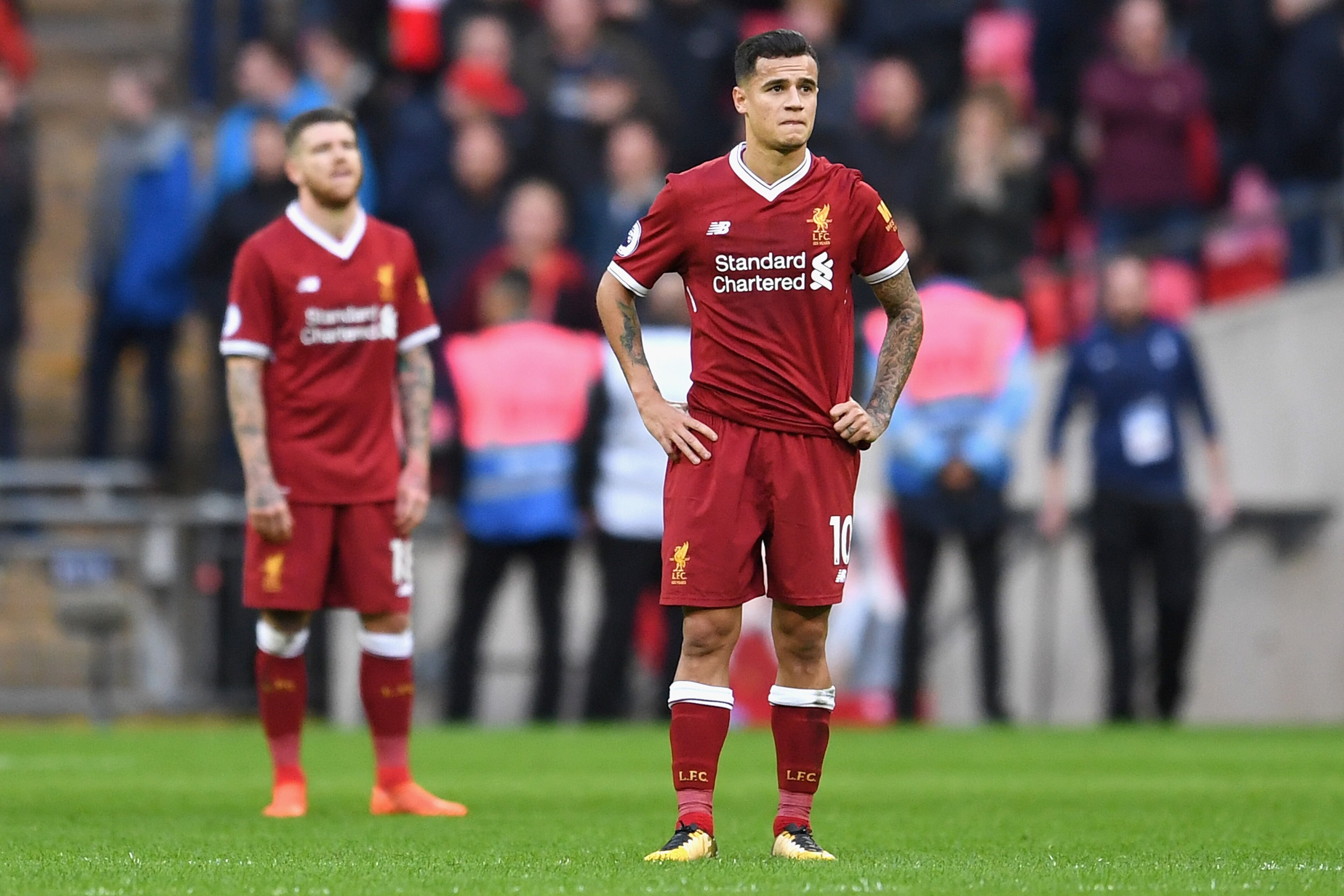 LONDON, ENGLAND - OCTOBER 22: Philippe Coutinho of Liverpool looks dejected after Tottenham Hotspur third goal during the Premier League match between Tottenham Hotspur and Liverpool at Wembley Stadium on October 22, 2017 in London, England.  (Photo by Da