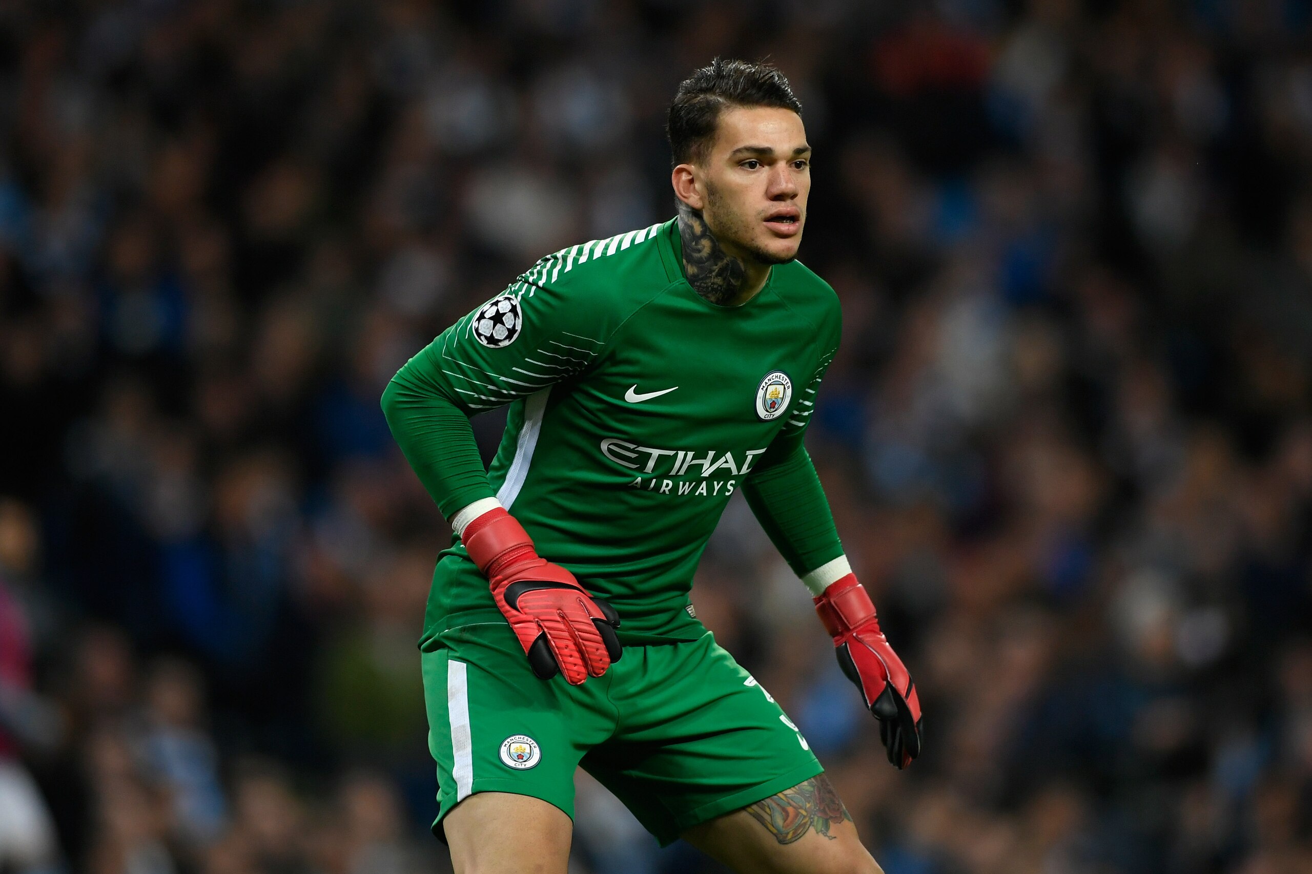 MANCHESTER, ENGLAND - OCTOBER 17:  City goalkeeper Ederson in action during the UEFA Champions League group F match between Manchester City and SSC Napoli at Etihad Stadium on October 17, 2017 in Manchester, United Kingdom.  (Photo by Stu Forster/Getty Im