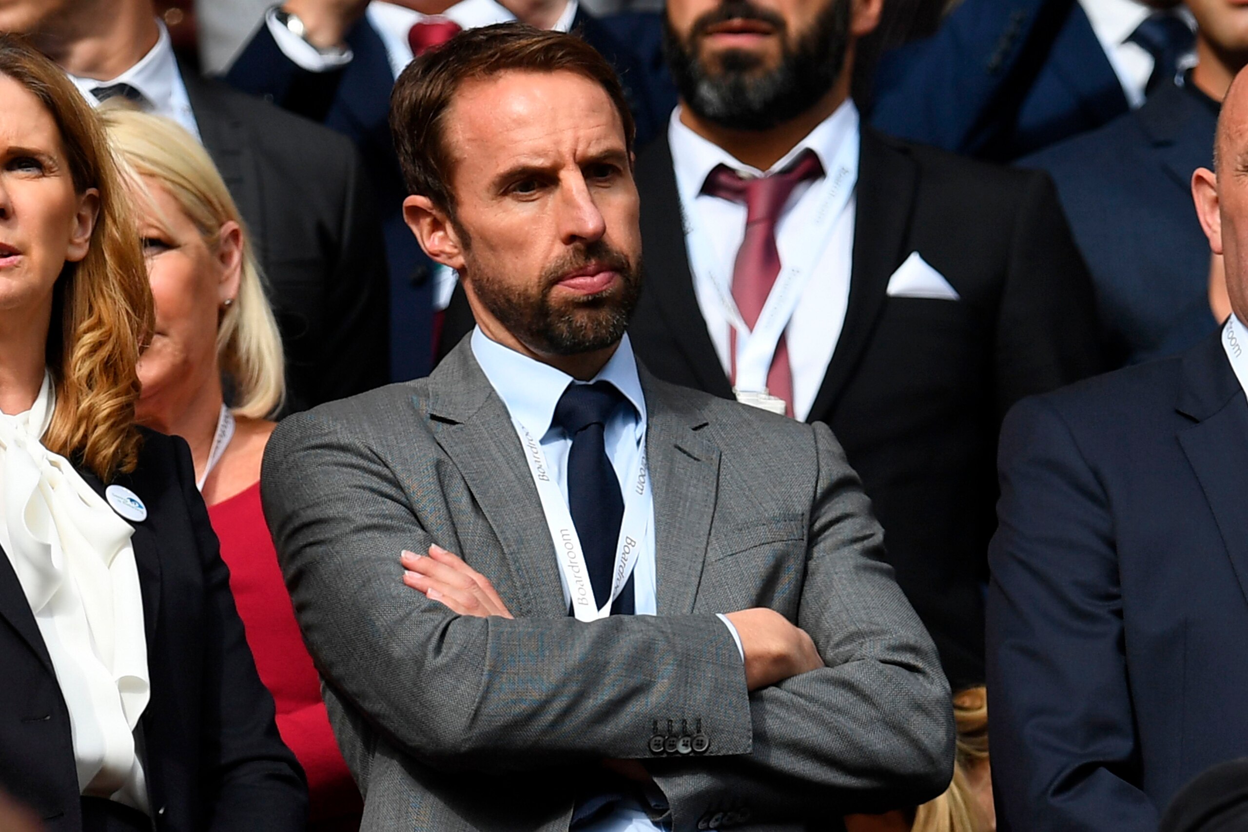 England manager Gareth Southgate awaits kick off in the stands ahead of the English Premier League football match between Liverpool and Manchester United at Anfield in Liverpool, north west England on October 14, 2017. / AFP PHOTO / Paul ELLIS / RESTRICTE