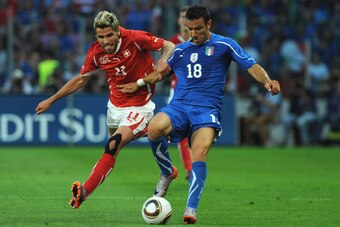 GENEVA - JUNE 05:  Fabio Quagliarella of Italy battles for the ball with Valon Behrami of Switzerland during the international friendly match between Switzerland and Italy at Stade de Geneve ahead of the FIFA World Cup 2010 in South Africa on June 5, 2010