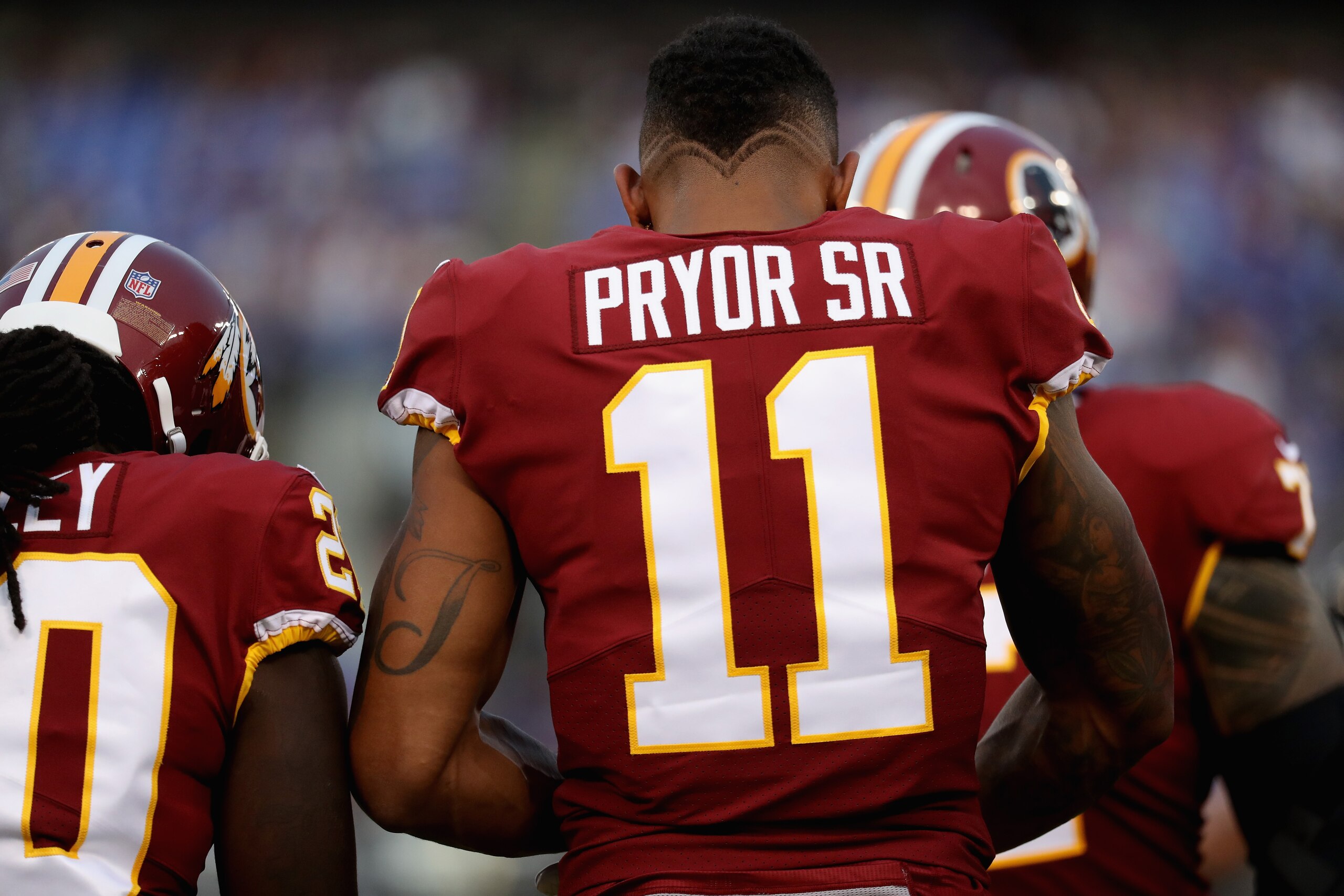 BALTIMORE, MD - AUGUST 10: Wide receiver Terrelle Pryor #11 of the Washington Redskins looks on in the huddle against the Baltimore Ravens during a preseason game at M&T Bank Stadium on August 10, 2017 in Baltimore, Maryland.  (Photo by Rob Carr/Getty Ima