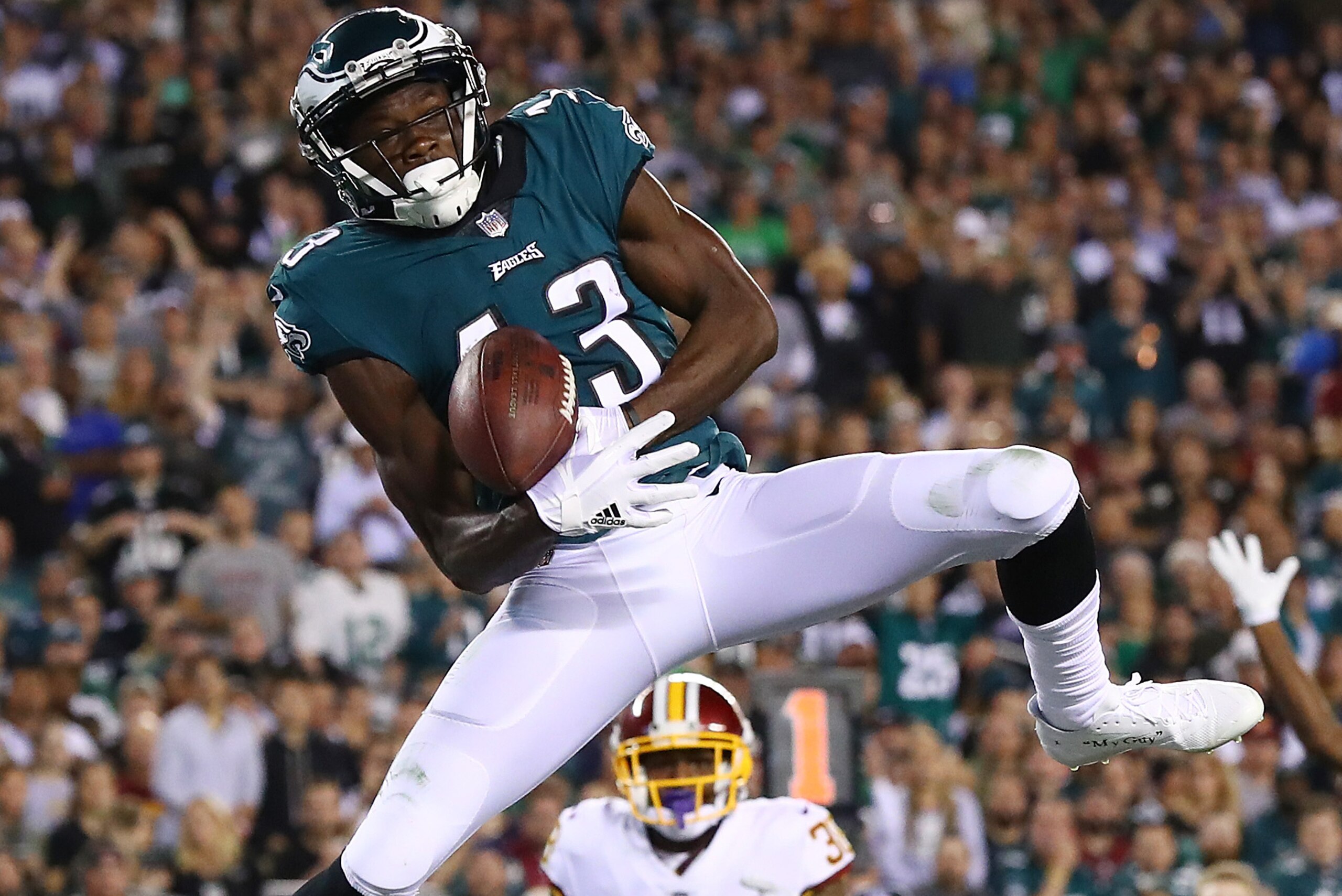 PHILADELPHIA, PA - OCTOBER 23: Nelson Agholor #13 of the Philadelphia Eagles scores a touchdown against the Washington Redskins in the fourth quarter during their game at Lincoln Financial Field on October 23, 2017 in Philadelphia, Pennsylvania. (Photo PHILADELPHIA, PA - OCTOBER 23: Nelson Agholor #13 of the Philadelphia Eagles scores a touchdown against the Washington Redskins in the fourth quarter during their game at Lincoln Financial Field on October 23, 2017 in Philadelphia, Pennsylvania. (Photo