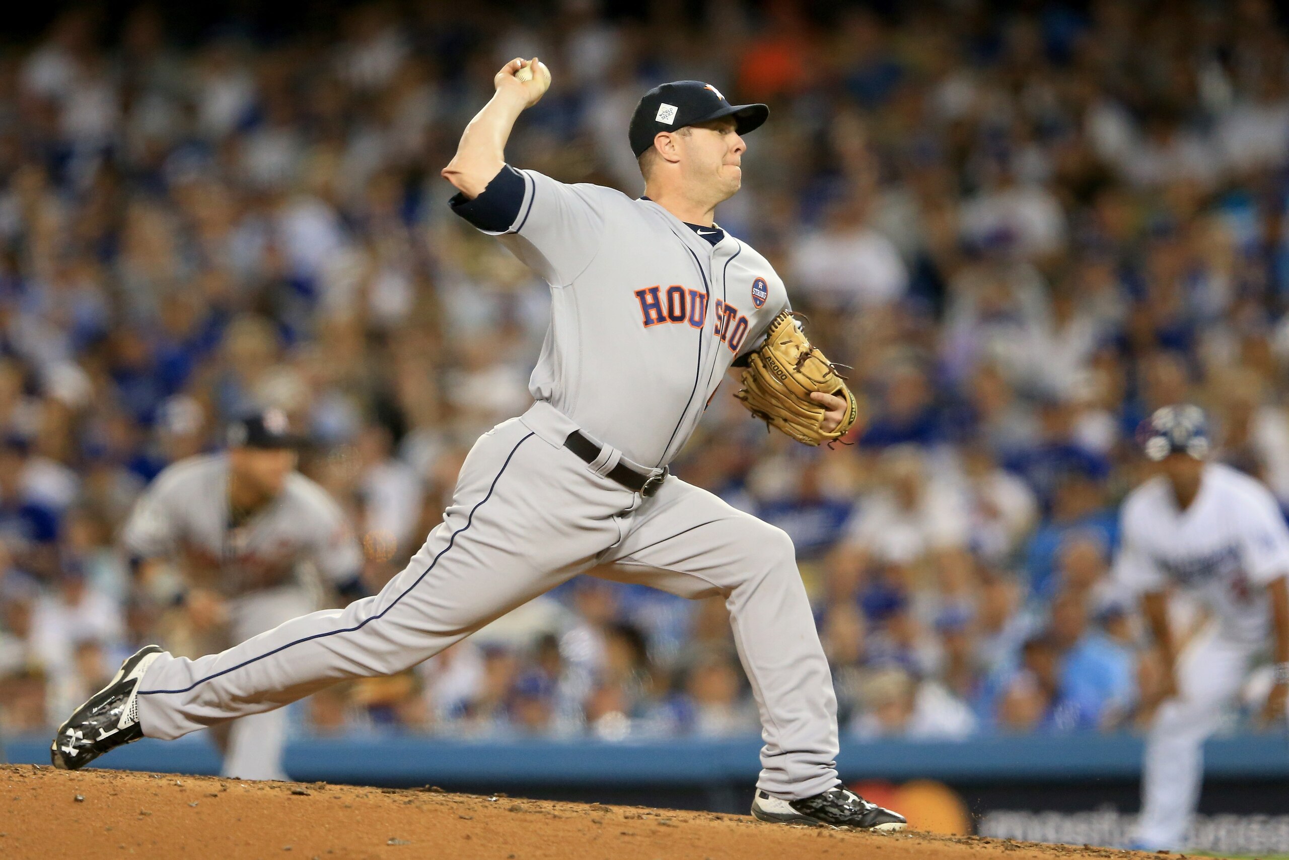 LOS ANGELES, CA - OCTOBER 24: Brad Peacock #41 of the Houston Astros pitches during the seventh inning against the Los Angeles Dodgers in game one of the 2017 World Series at Dodger Stadium on October 24, 2017 in Los Angeles, California. (Photo by Sean LOS ANGELES, CA - OCTOBER 24: Brad Peacock #41 of the Houston Astros pitches during the seventh inning against the Los Angeles Dodgers in game one of the 2017 World Series at Dodger Stadium on October 24, 2017 in Los Angeles, California. (Photo by Sean