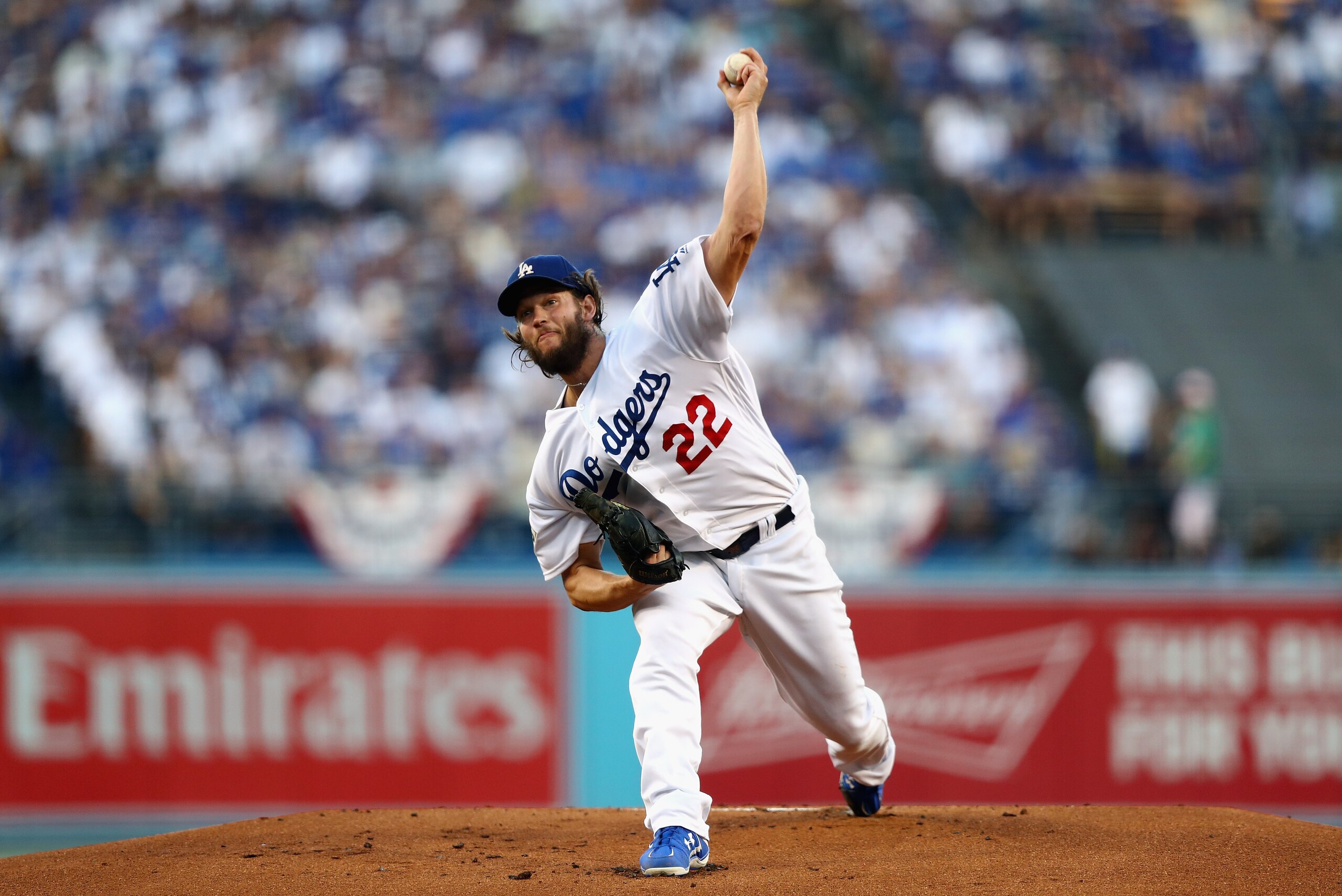 LOS ANGELES, CA - OCTOBER 24:  Clayton Kershaw #22 of the Los Angeles Dodgers throws a pitch during the first inning against the Houston Astros in game one of the 2017 World Series at Dodger Stadium on October 24, 2017 in Los Angeles, California.  (Photo 