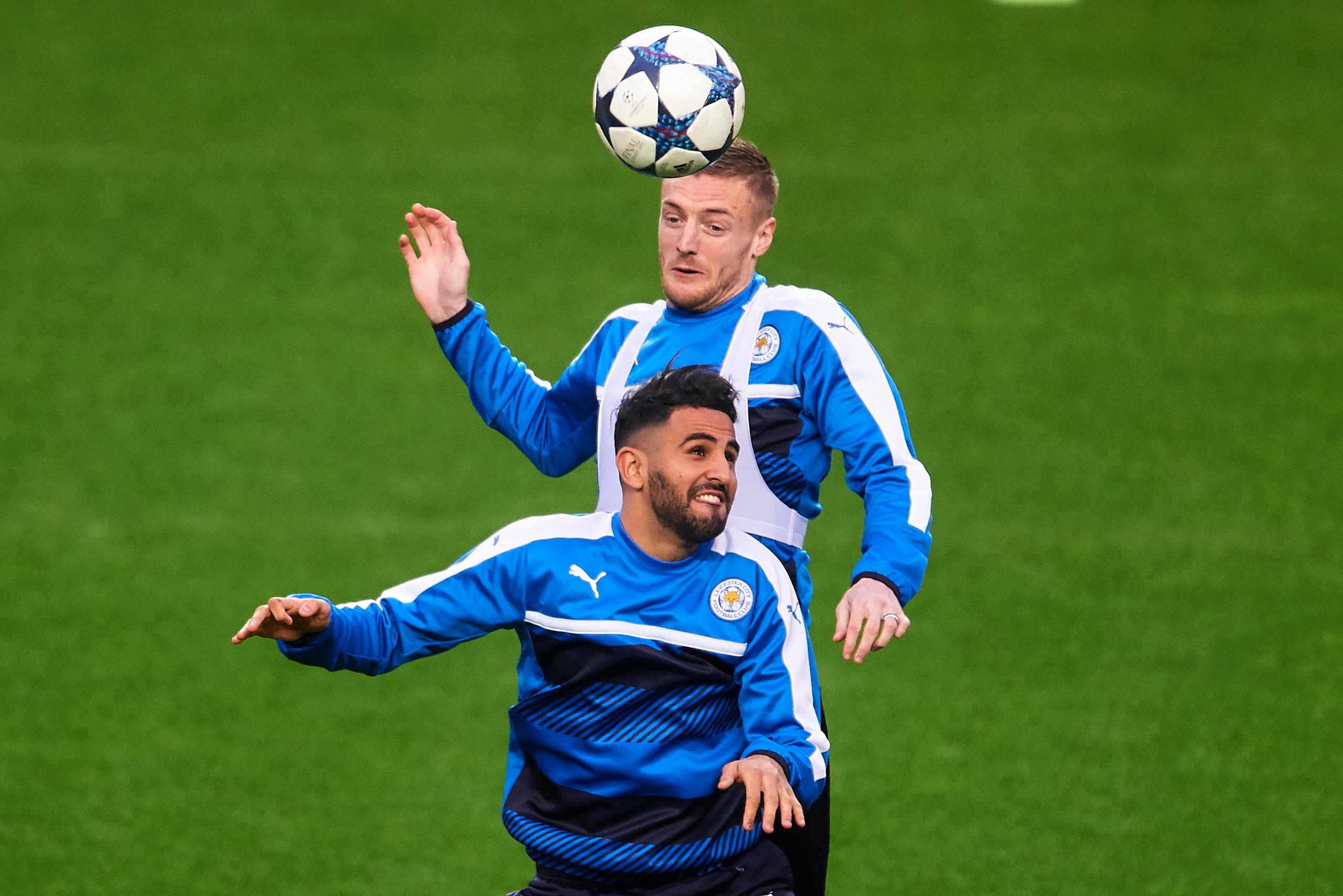 SEVILLE, SPAIN - FEBRUARY 21:  Riyad Mahrez and Jamie Vardy of Leicester City in action during their Training Session prior to their Champions League Round of 16 1st Leg against Sevilla FC at Estadio Ramon Sanchez Pizjuan on February 21, 2017 in Seville, 