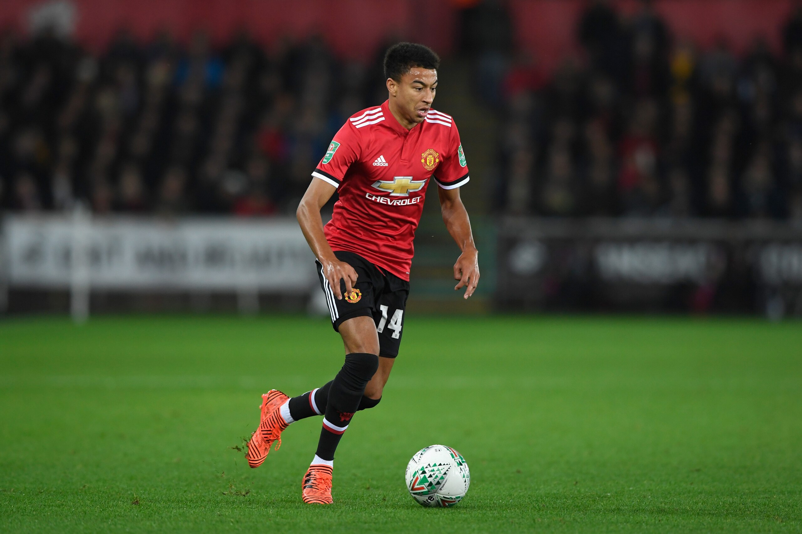 SWANSEA, WALES - OCTOBER 24:  Jesse Lingard of United in action during the Carabao Cup Fourth Round match between Swansea City and Manchester United at Liberty Stadium on October 24, 2017 in Swansea, Wales.  (Photo by Stu Forster/Getty Images)