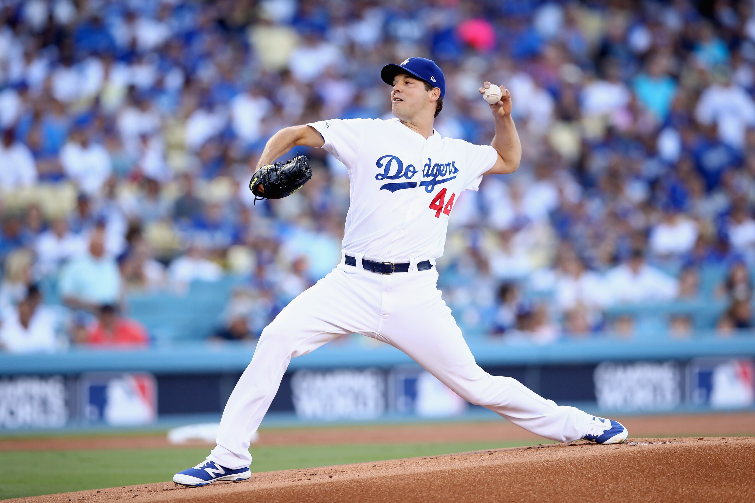 LOS ANGELES, CA - OCTOBER 15: Rich Hill #44 of the Los Angeles Dodgers pitches against the Chicago Cubs during Game Two of the National League Championship Series at Dodger Stadium on October 15, 2017 in Los Angeles, California. (Photo by Ezra Shaw/Gett LOS ANGELES, CA - OCTOBER 15: Rich Hill #44 of the Los Angeles Dodgers pitches against the Chicago Cubs during Game Two of the National League Championship Series at Dodger Stadium on October 15, 2017 in Los Angeles, California. (Photo by Ezra Shaw/Gett