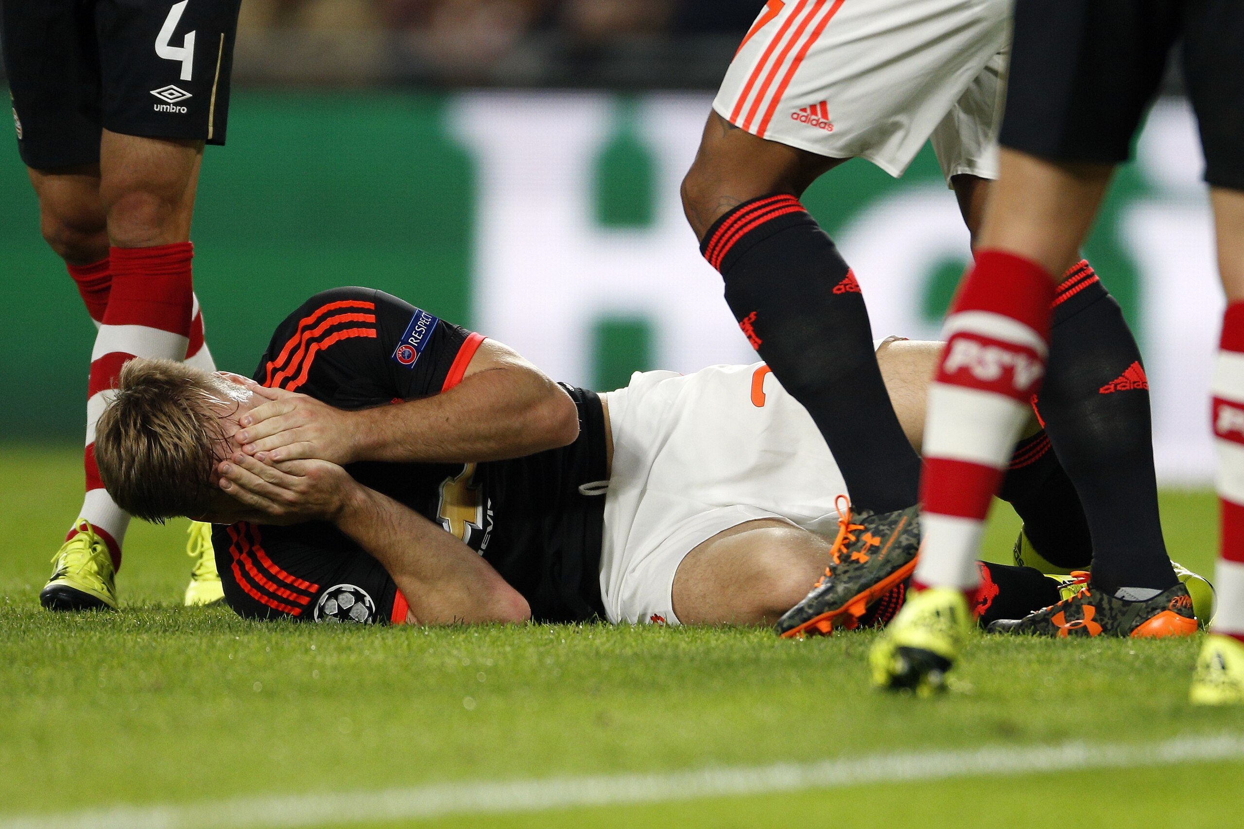 Luke Shaw of Manchester United FC during the UEFA Champions League group B match between PSV Eindhoven and Manchester United on September 15, 2015 at the Philips stadium in Eindhoven, The Netherlands.(Photo by VI Images via Getty Images)