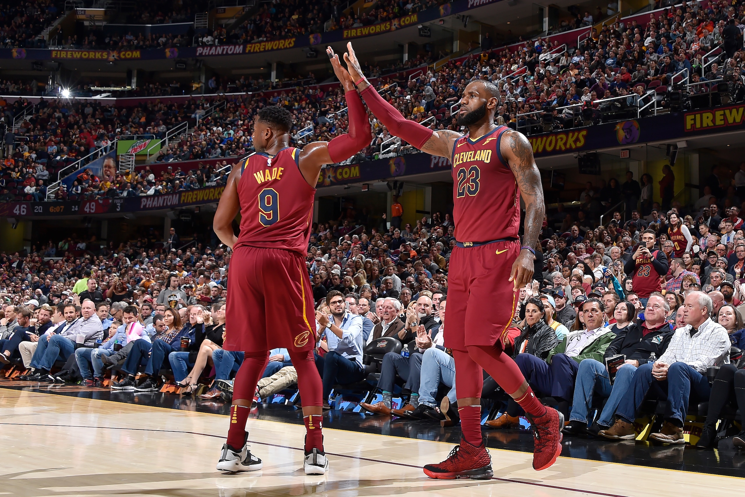 CLEVELAND, OH - OCTOBER 24:  Dwyane Wade #9 of the Cleveland Cavaliers and LeBron James #23 of the Cleveland Cavaliers high five during the game against the Chicago Bulls on October 24, 2017 at Quicken Loans Arena in Cleveland, Ohio.  NOTE TO USER: User e