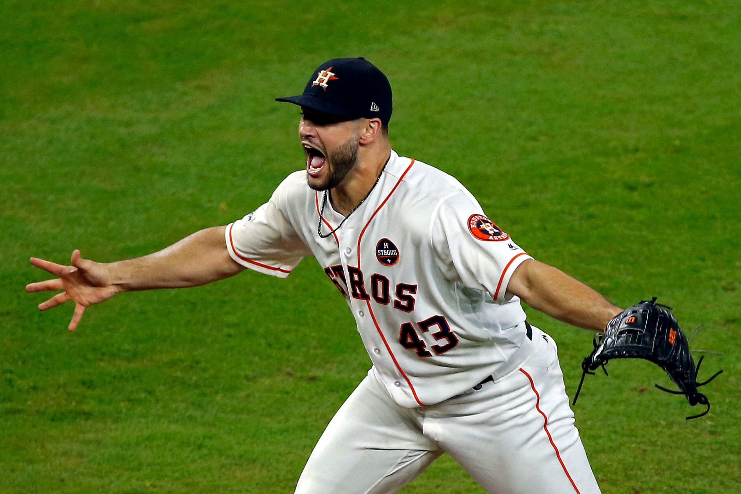 HOUSTON, TEXAS - OCTOBER 21:  Lance McCullers Jr. #43 and Brian McCann #16 of Houston Astros celebrate after defeating the New York Yankees by a score of 4-0 to win Game Seven of the American League Championship Series at Minute Maid Park on October 21, 2