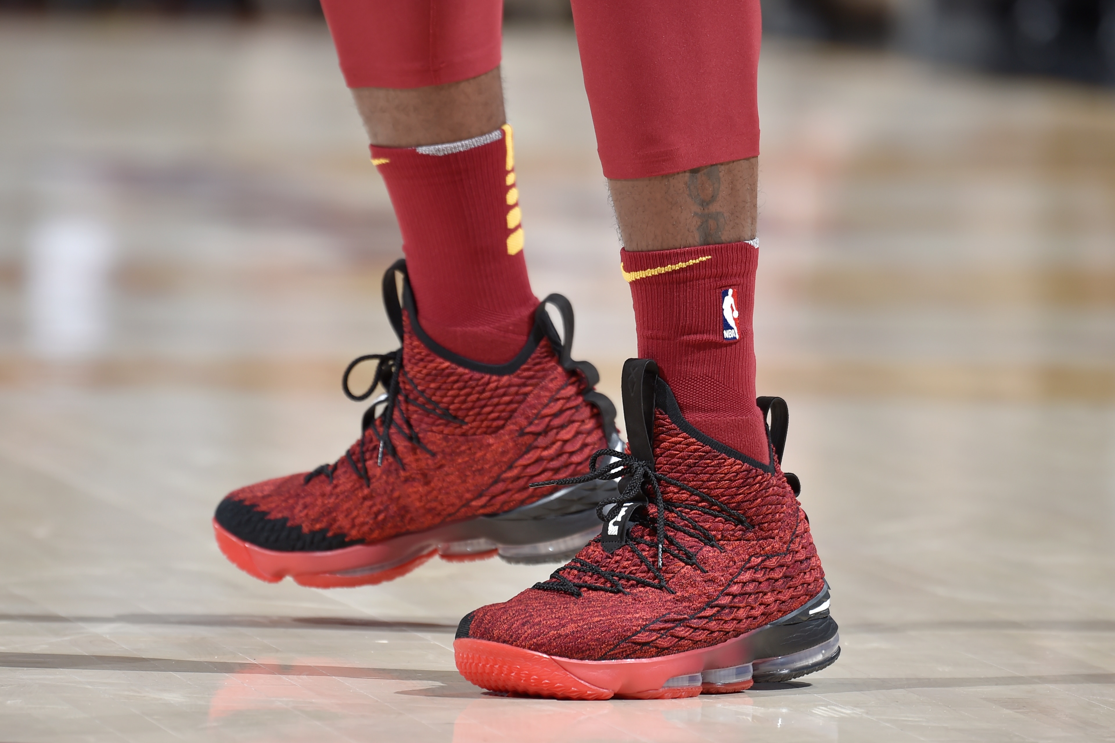 CLEVELAND, OH - OCTOBER 24: The sneakers of LeBron James #23 of the Cleveland Cavaliers are seen during the game against the Chicago Bulls on October 24, 2017 at Quicken Loans Arena in Cleveland, Ohio.  NOTE TO USER: User expressly acknowledges and agrees