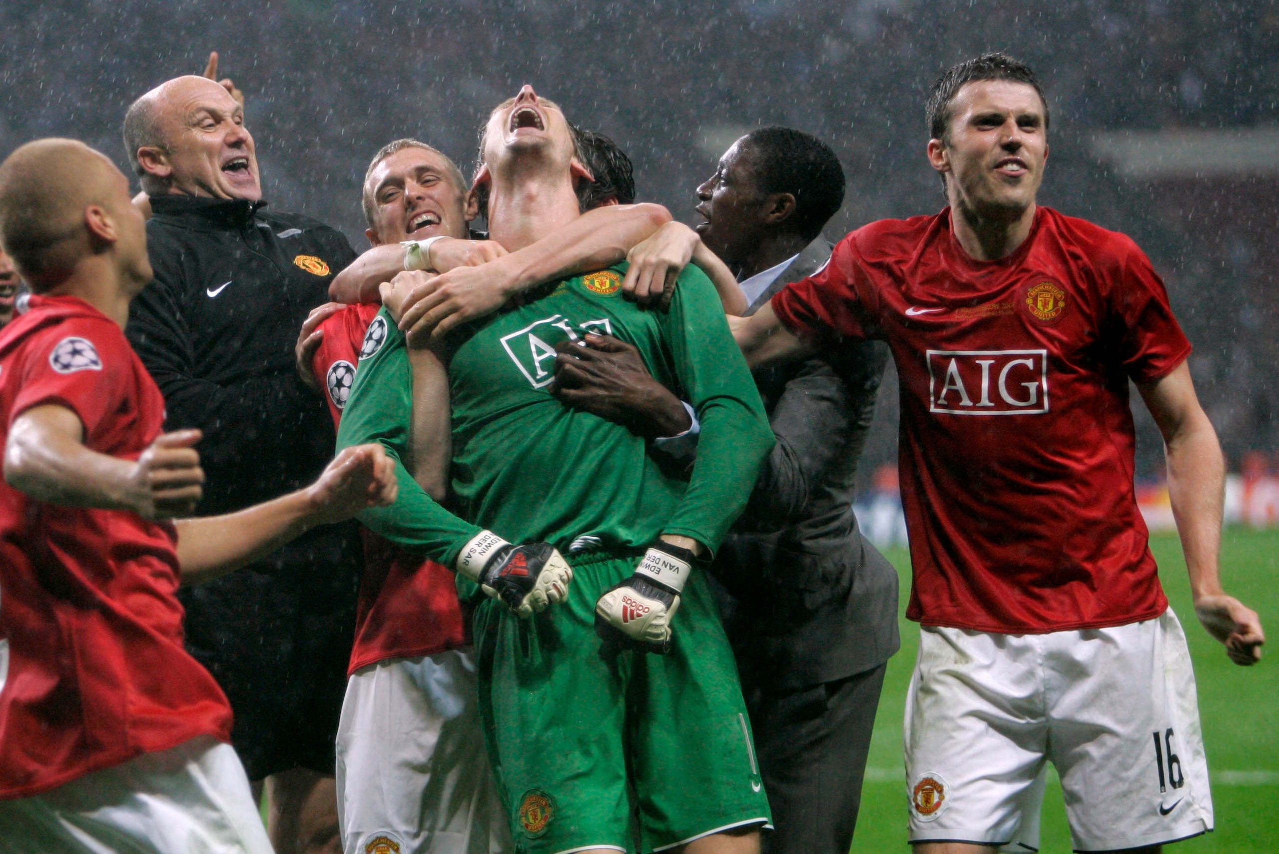 Van der Sar following his best United moment. Van der Sar following his best United moment.