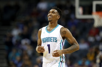 CHARLOTTE, NC - OCTOBER 25:  Malik Monk #1 of the Charlotte Hornets reacts after a play against the Denver Nuggets during their game at Spectrum Center on October 25, 2017 in Charlotte, North Carolina.  NOTE TO USER: User expressly acknowledges and agrees