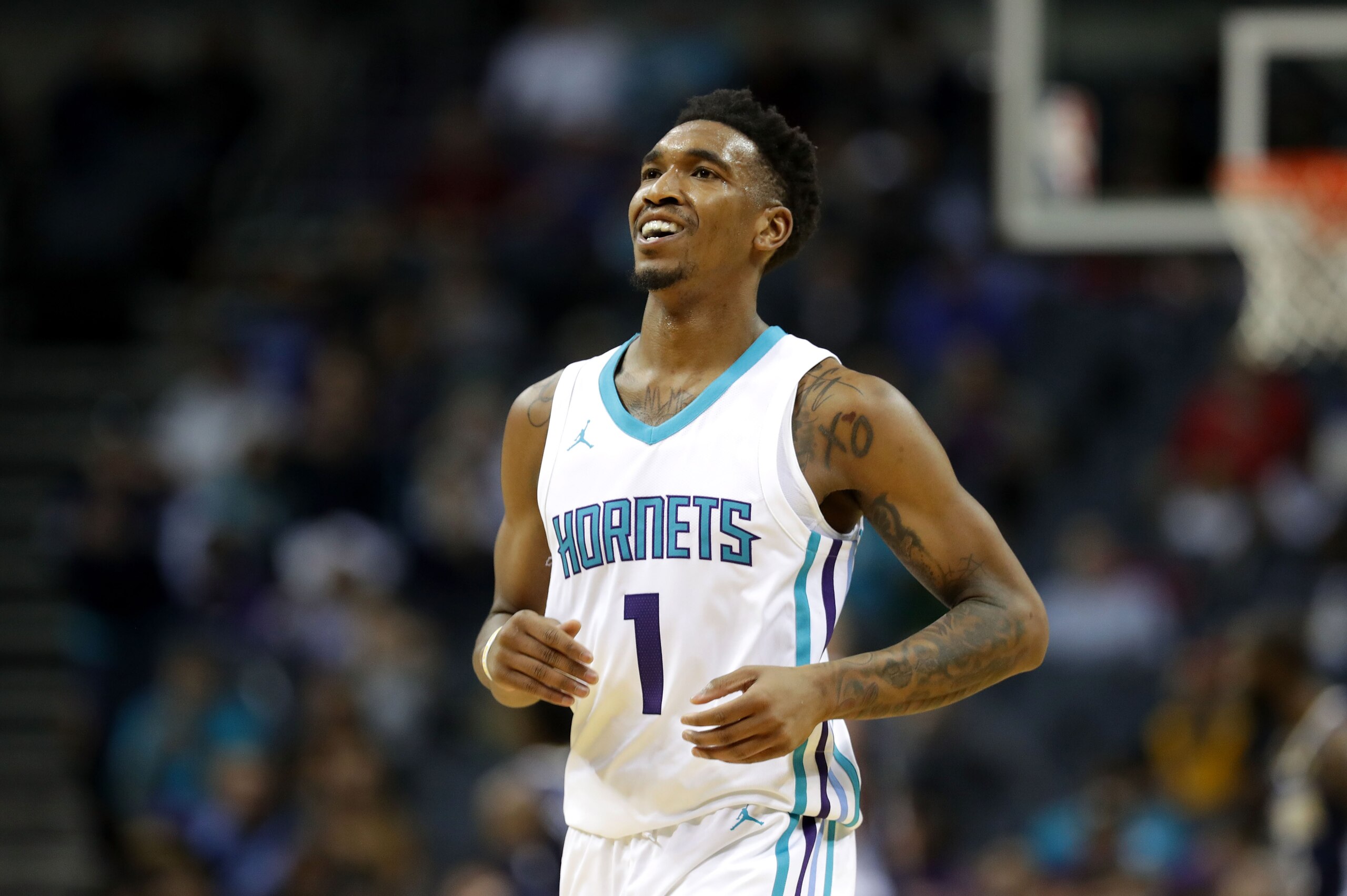 CHARLOTTE, NC - OCTOBER 25:  Malik Monk #1 of the Charlotte Hornets reacts after a play against the Denver Nuggets during their game at Spectrum Center on October 25, 2017 in Charlotte, North Carolina.  NOTE TO USER: User expressly acknowledges and agrees