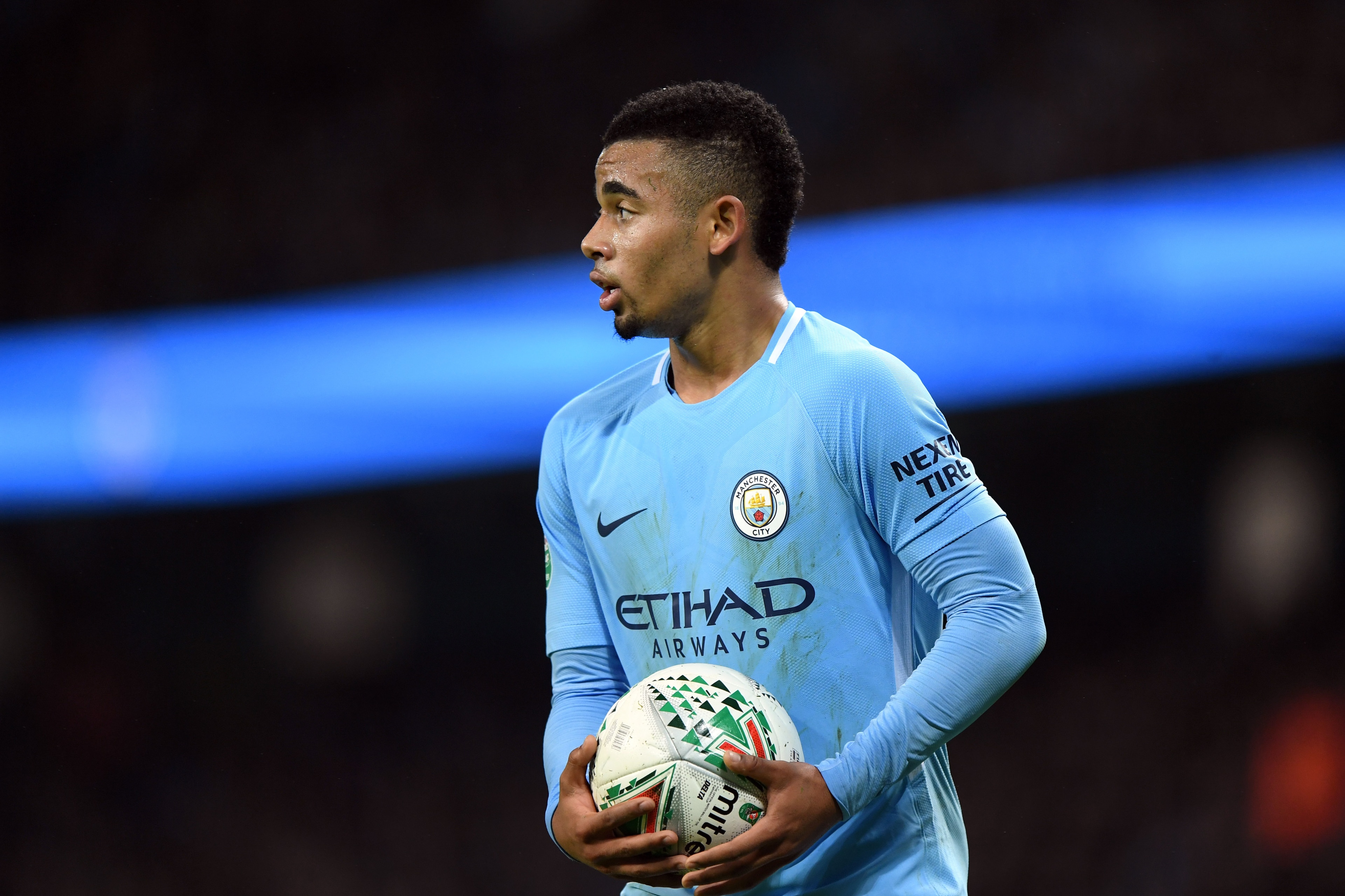 MANCHESTER, ENGLAND - OCTOBER 24: Gabriel Jesus of Manchester City during the Carabao Cup Fourth Round match between Manchester City and Wolverhampton Wanderers at Etihad Stadium on October 24, 2017 in Manchester, England. (Photo by Sam Bagnall - AMA)