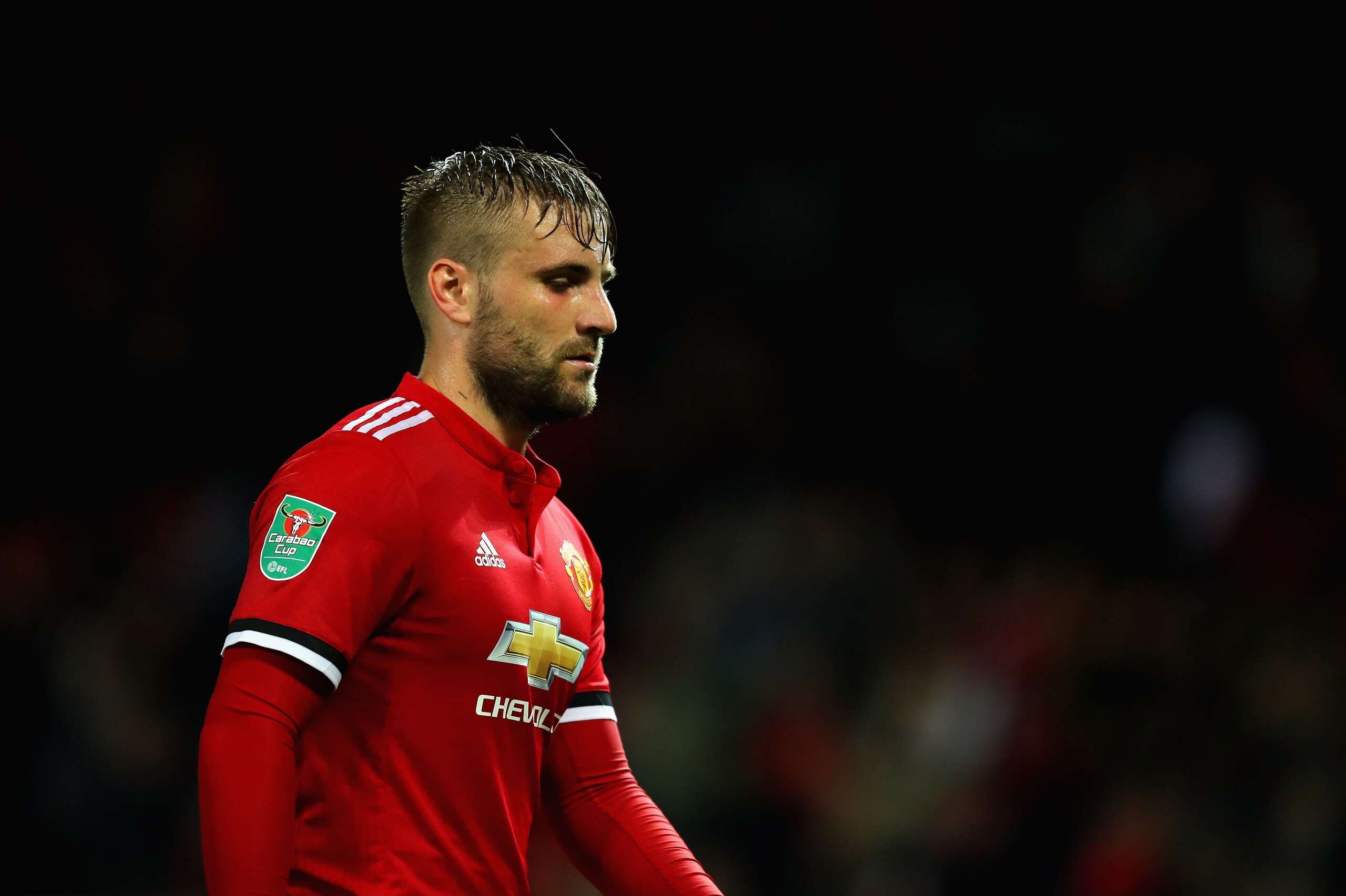 MANCHESTER, ENGLAND - SEPTEMBER 20:  Luke Shaw of Manchester United looks on during the Carabao Cup Third Round match between Manchester United and Burton Albion at Old Trafford on September 20, 2017 in Manchester, England.  (Photo by Richard Heathcote/Ge