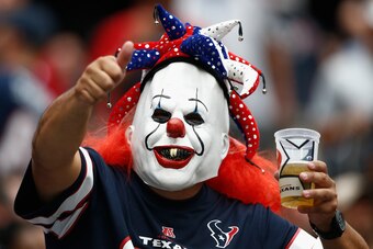 HOUSTON, TX - OCTOBER 01: A Houston Texans fan dressed up as a clown attends the game against the Tennessee Titans at NRG Stadium on October 1, 2017 in Houston, Texas. Houston won 57-14.  (Photo by Bob Levey/Getty Images)