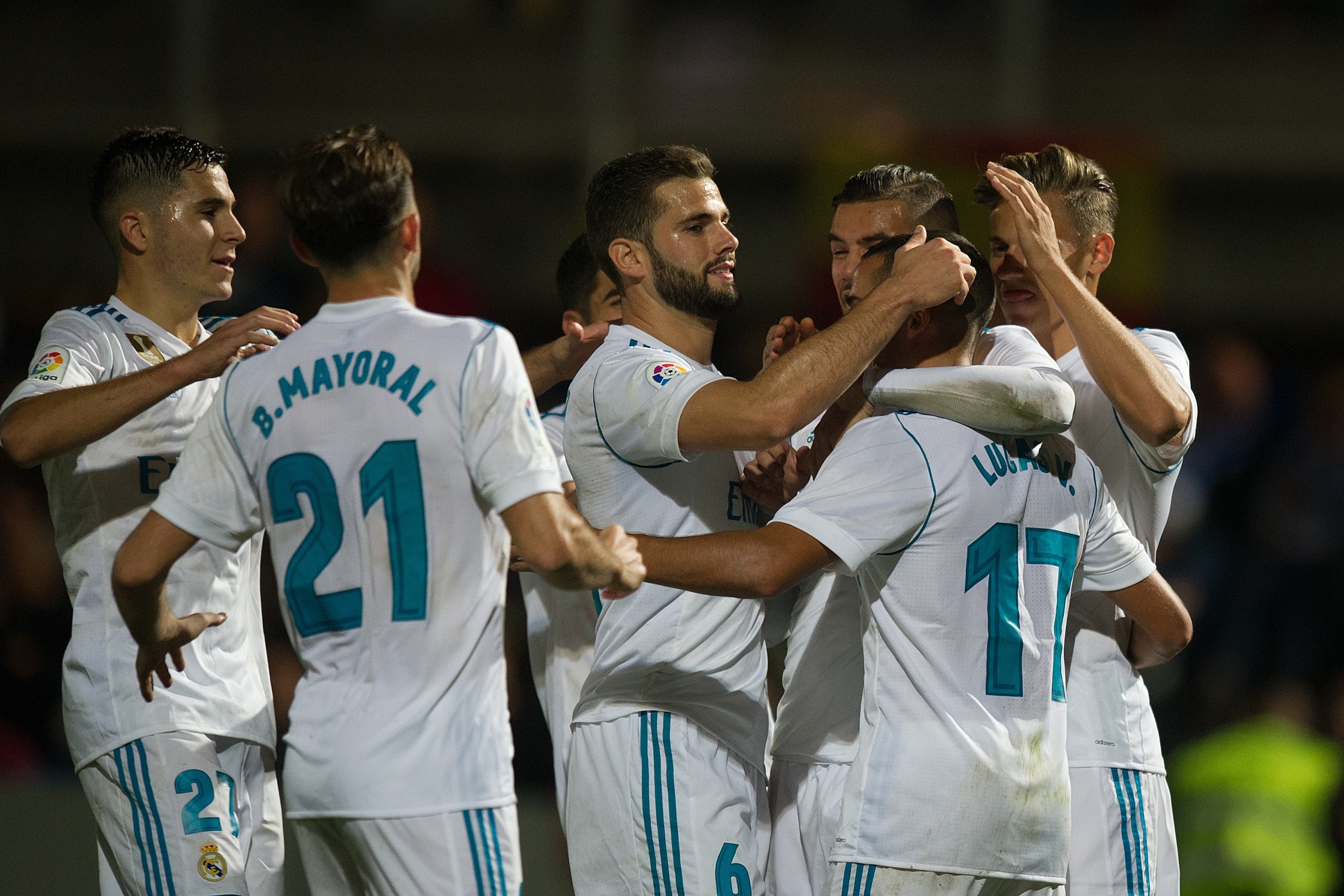 MADRID, SPAIN - OCTOBER 26: Lucas Vazquez (#17) of Real Madrid CF celebrates with teammates after scoring his teamÕs 2nd goal from a penalty kick during the Copa del Rey, Round of 32, First Leg match between Fuenlabrada and Real Madrid at Estadio Fernando