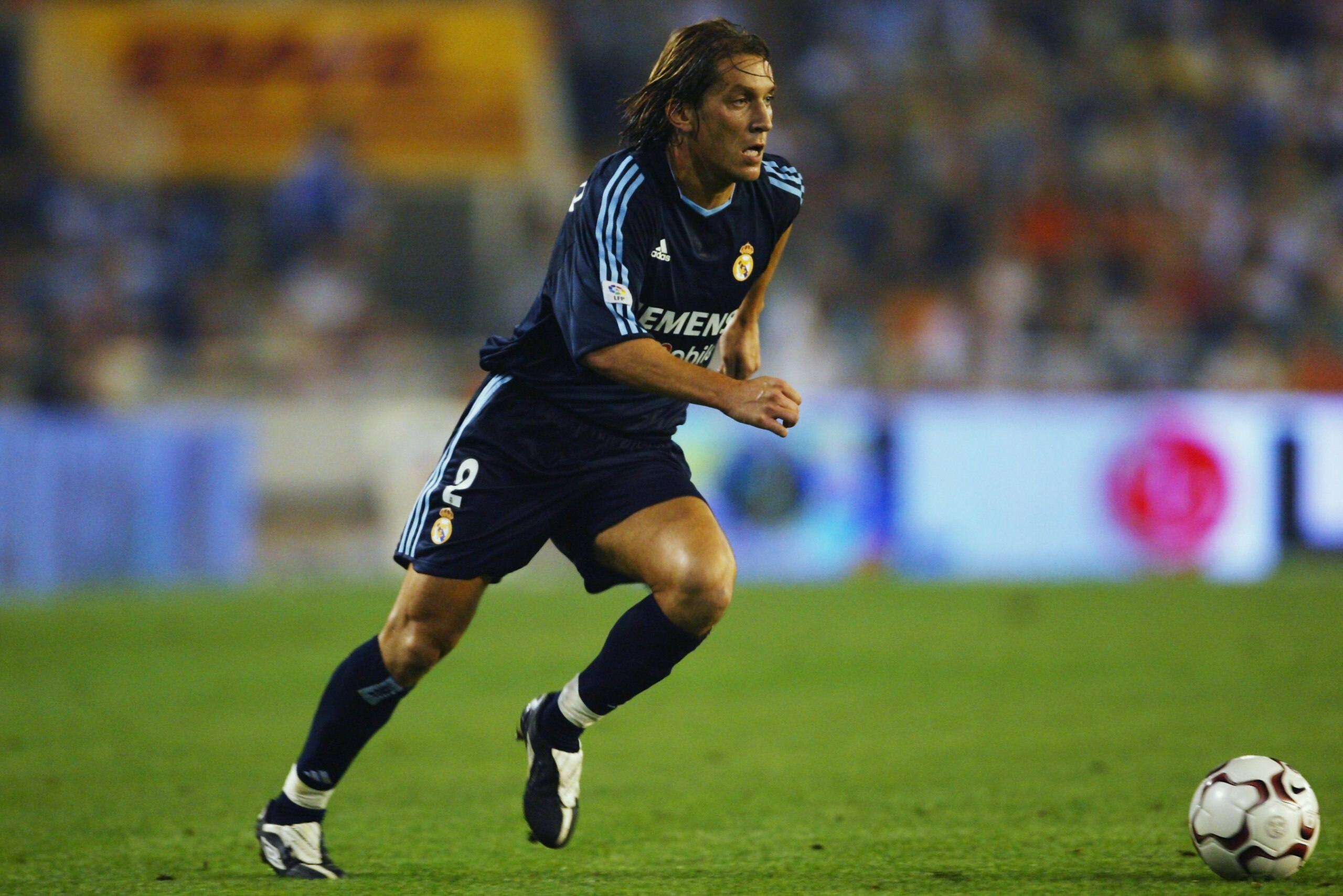 VALENCIA - SEPTEMBER 27: Michel Salgado of Real Madrid in action during the Spanish Primera Liga match between Valencia and Real Madrid on September 27, 2003 at the Mestalla Stadium in Valencia, Spain. Valencia won the match 2-0. (Photo by Shaun Botteri VALENCIA - SEPTEMBER 27: Michel Salgado of Real Madrid in action during the Spanish Primera Liga match between Valencia and Real Madrid on September 27, 2003 at the Mestalla Stadium in Valencia, Spain. Valencia won the match 2-0. (Photo by Shaun Botteri