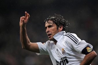 Real Madrid's Spanish forward Raul celebrates his goal against Sevilla during their Liga football match on December 7, 2008 at Santiago Bernabeu stadium in Madrid.   AFP PHOTO/ PIERRE-PHILIPPE MARCOU (Photo credit should read PIERRE-PHILIPPE MARCOU/AFP/Ge